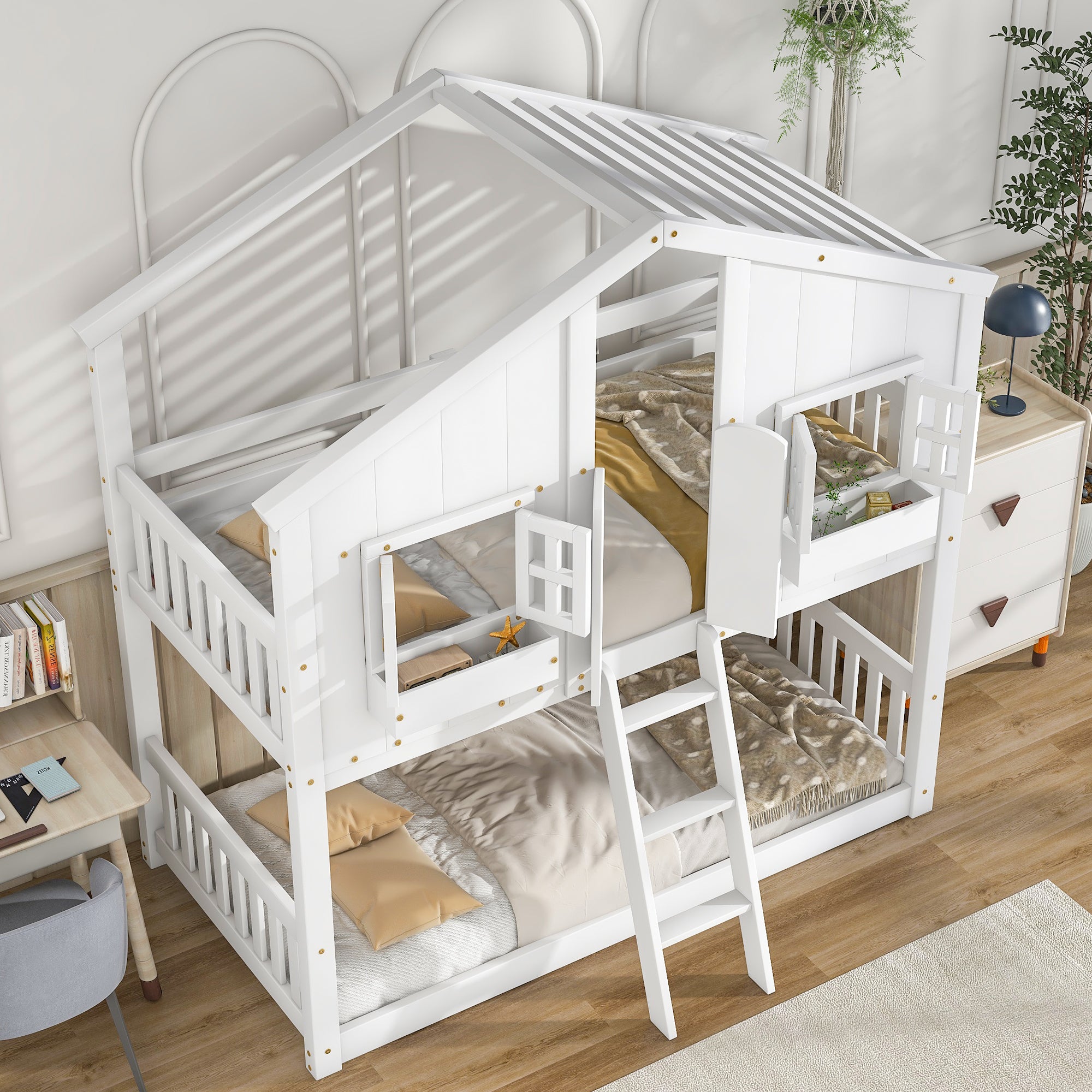 Royard Oaktree Twin over Twin House Bunk Bed with Roof, Window, Window Box, Door, Wood Bunk Bed Frame with Safety Guardrails and Ladder