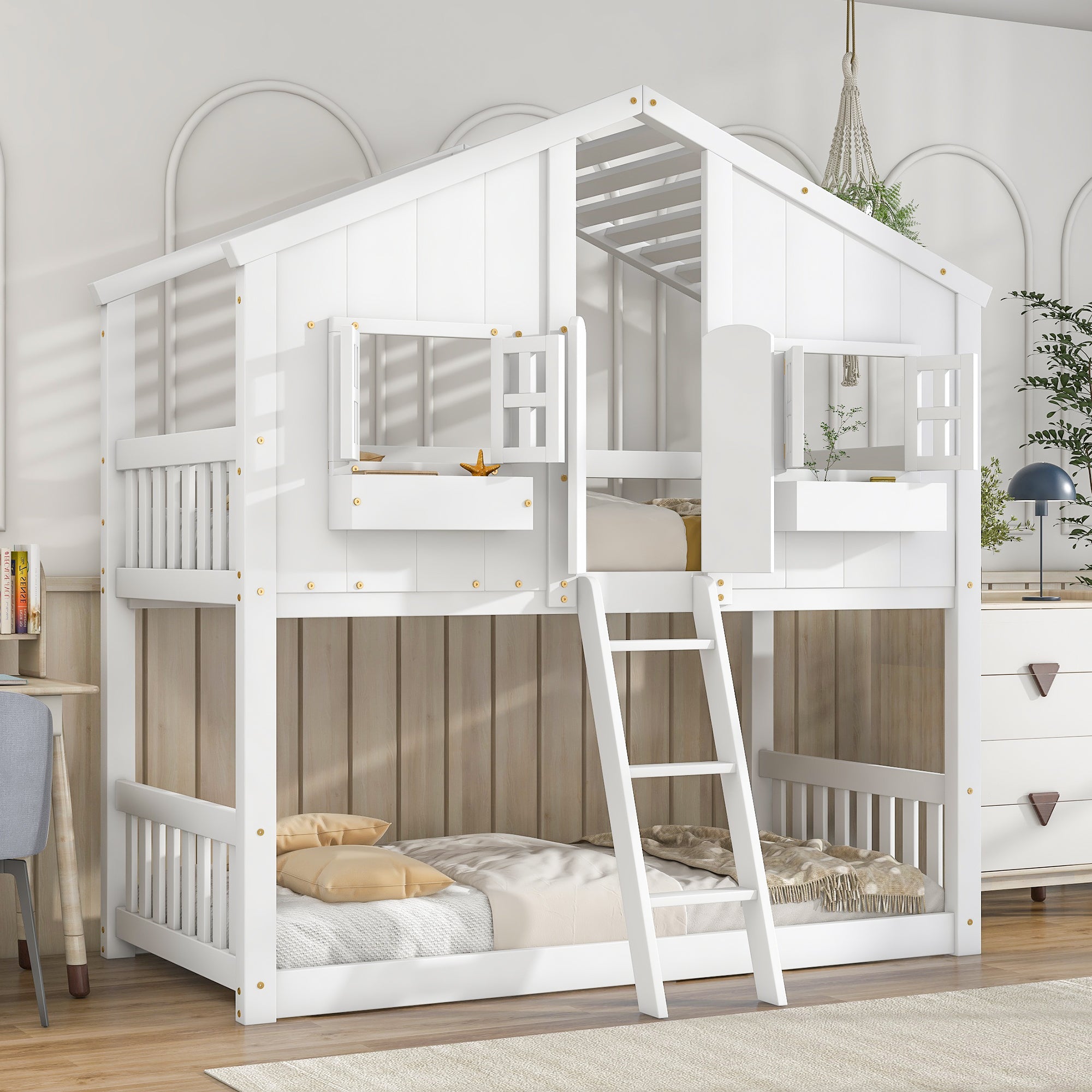 Royard Oaktree Twin over Twin House Bunk Bed with Roof, Window, Window Box, Door, Wood Bunk Bed Frame with Safety Guardrails and Ladder