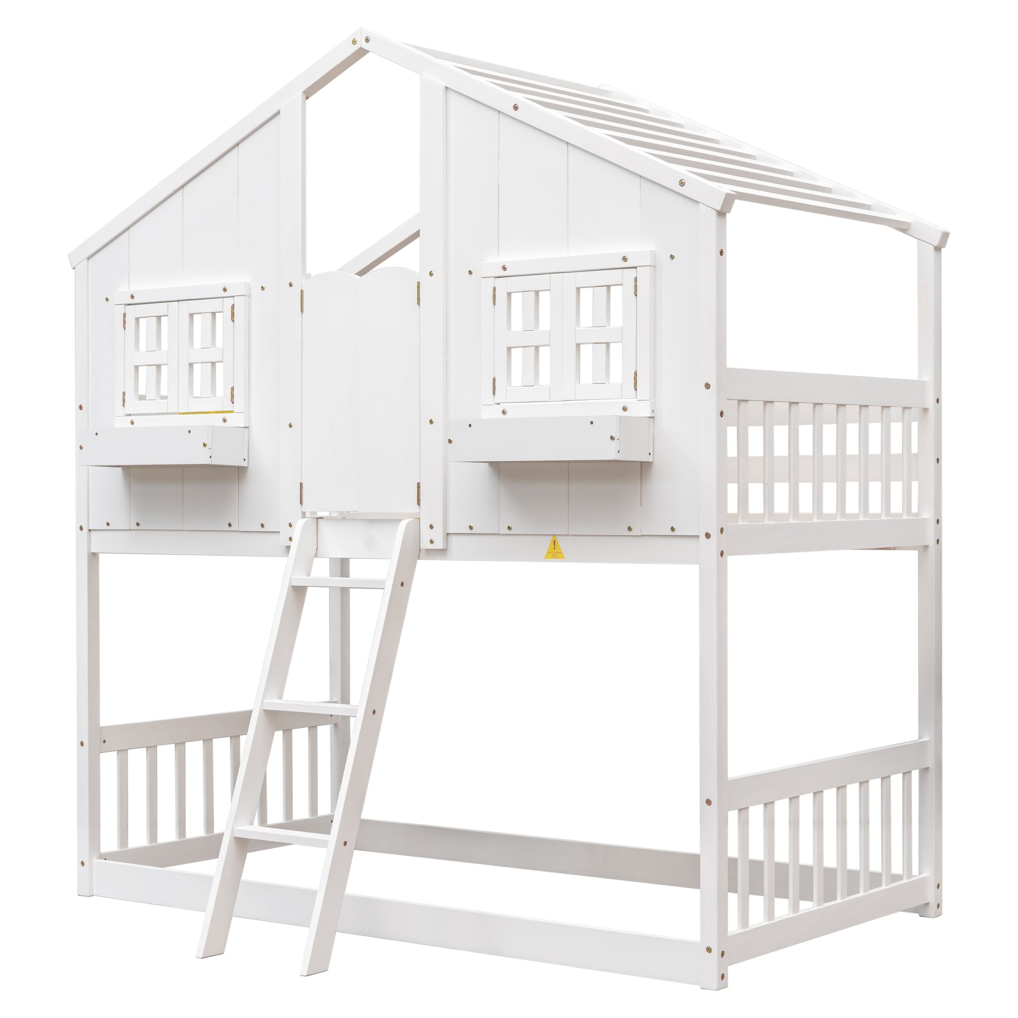 Royard Oaktree Twin over Twin House Bunk Bed with Roof, Window, Window Box, Door, Wood Bunk Bed Frame with Safety Guardrails and Ladder