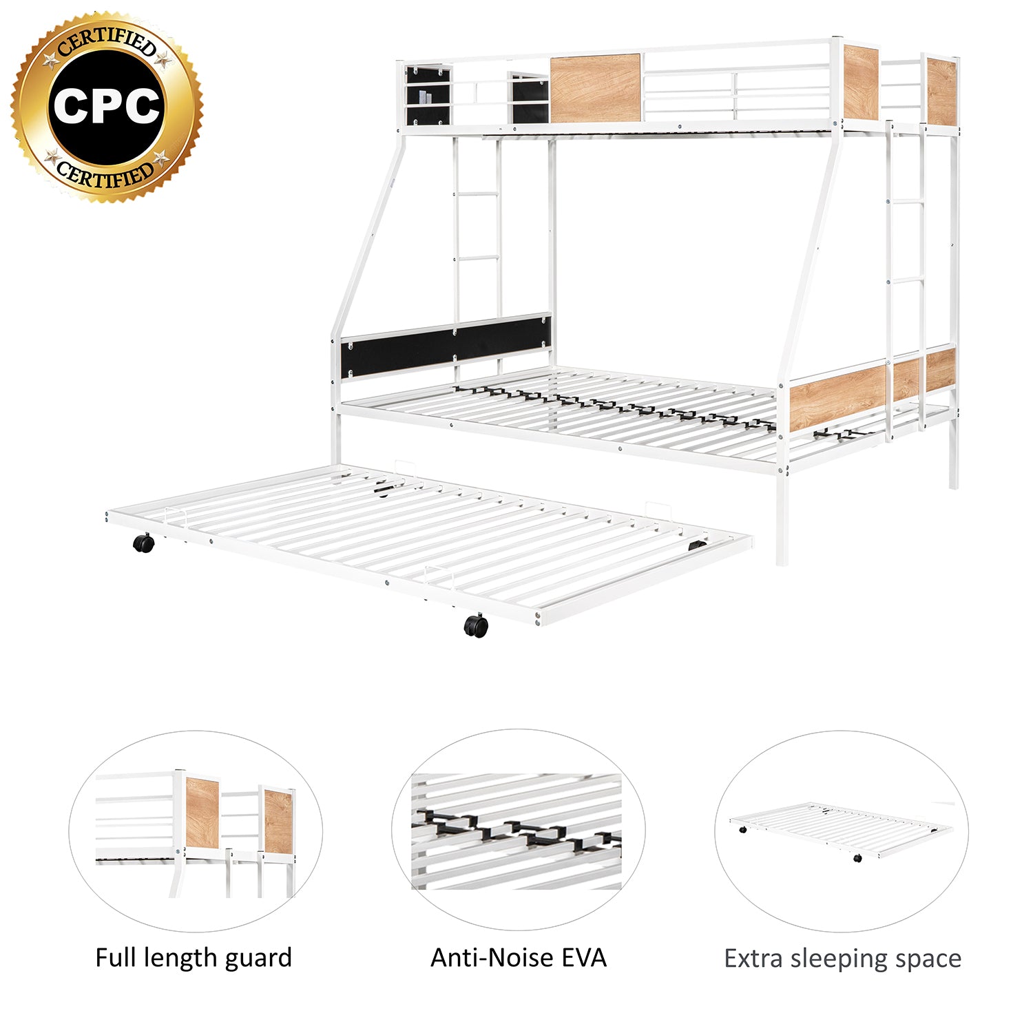 Royard Oaktree Twin over Full Bunk with Trundle Metal Bunk Bed Frame with Slat and Guardrail