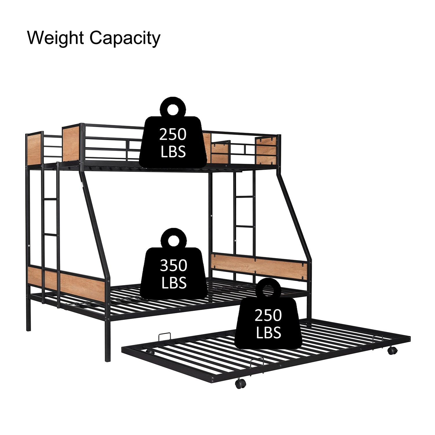 Royard Oaktree Twin over Full Bunk with Trundle Metal Bunk Bed Frame with Slat and Guardrail