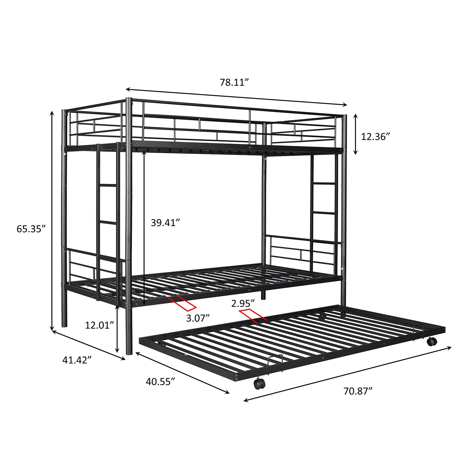 Royard Oaktree Twin over Twin Bunk Bed with Trundle Metal Bunk Bed Frame with Slat and Guardrail