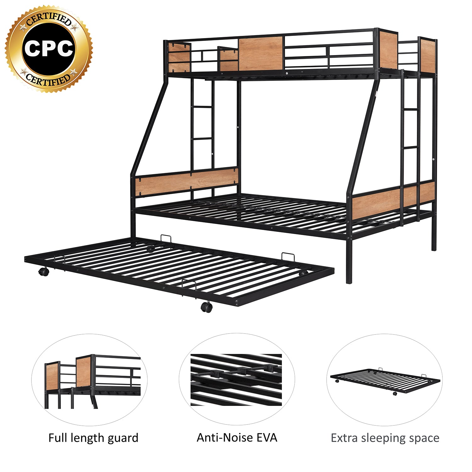 Royard Oaktree Twin over Full Bunk with Trundle Metal Bunk Bed Frame with Slat and Guardrail