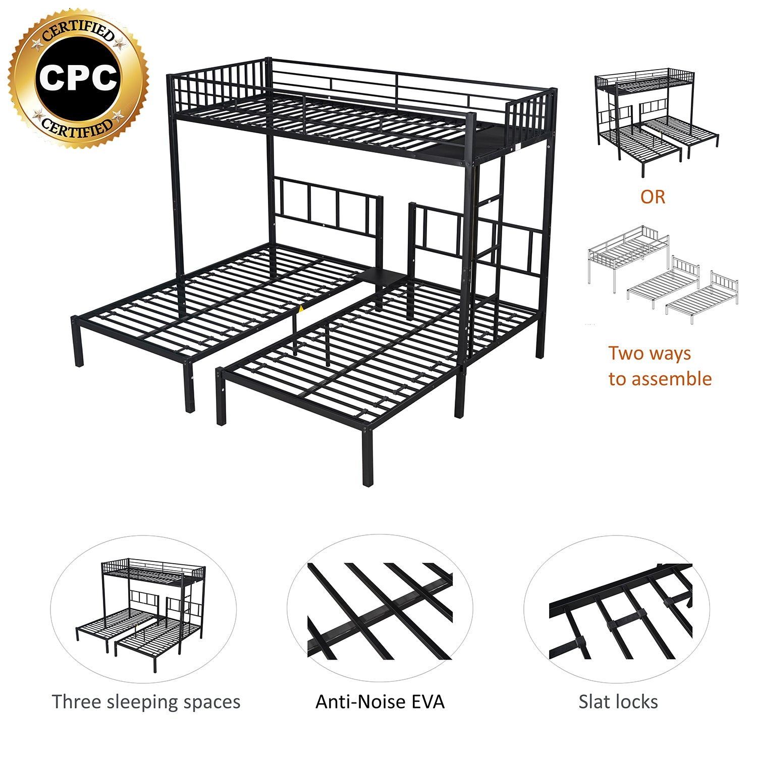 Royard Oaktree Triple Twin Bunk Bed Metal Bunk Bed Frame with Slat and Guardrail, Modern Bed Frame Can Be Separated Into 3 Twin Beds