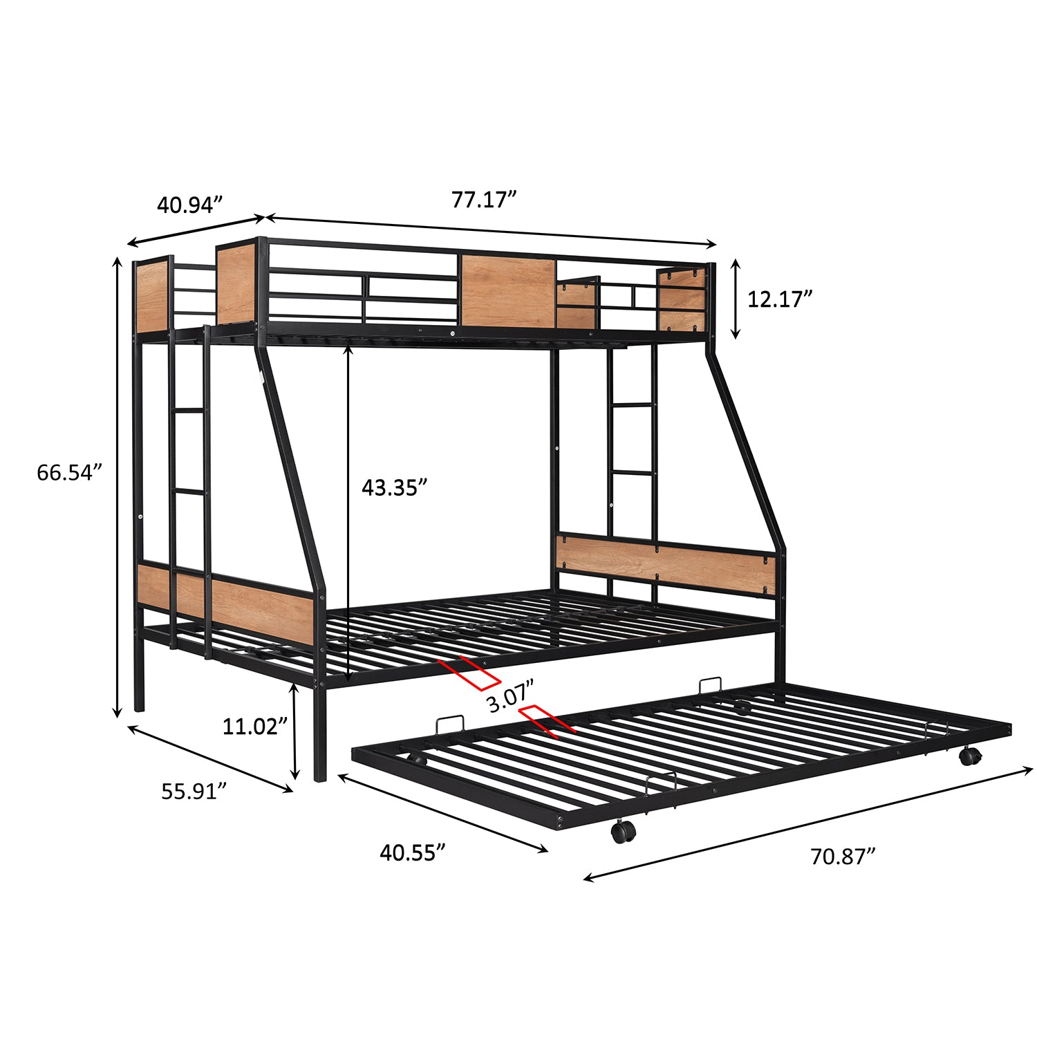 Royard Oaktree Twin over Full Bunk with Trundle Metal Bunk Bed Frame with Slat and Guardrail