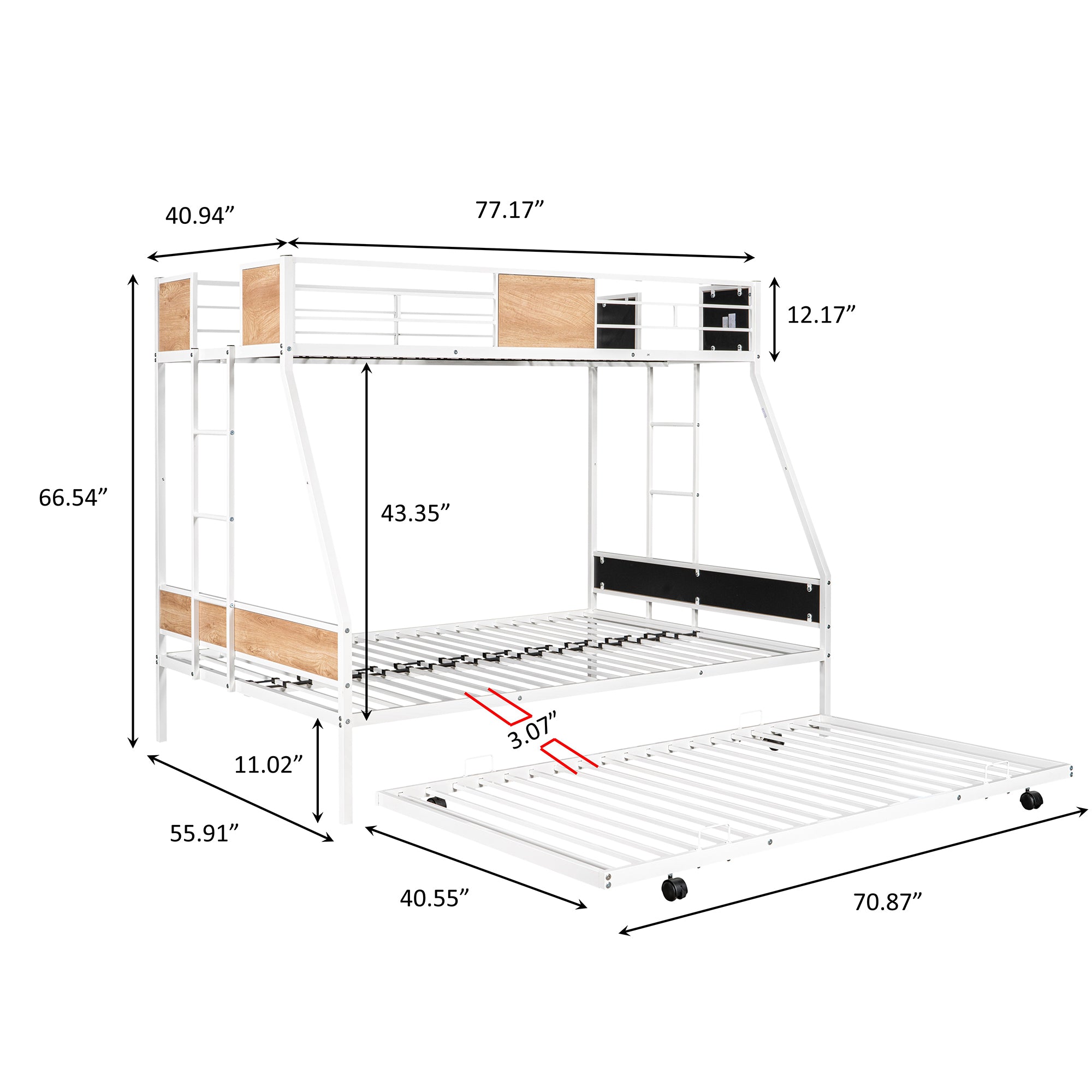 Royard Oaktree Twin over Full Bunk with Trundle Metal Bunk Bed Frame with Slat and Guardrail