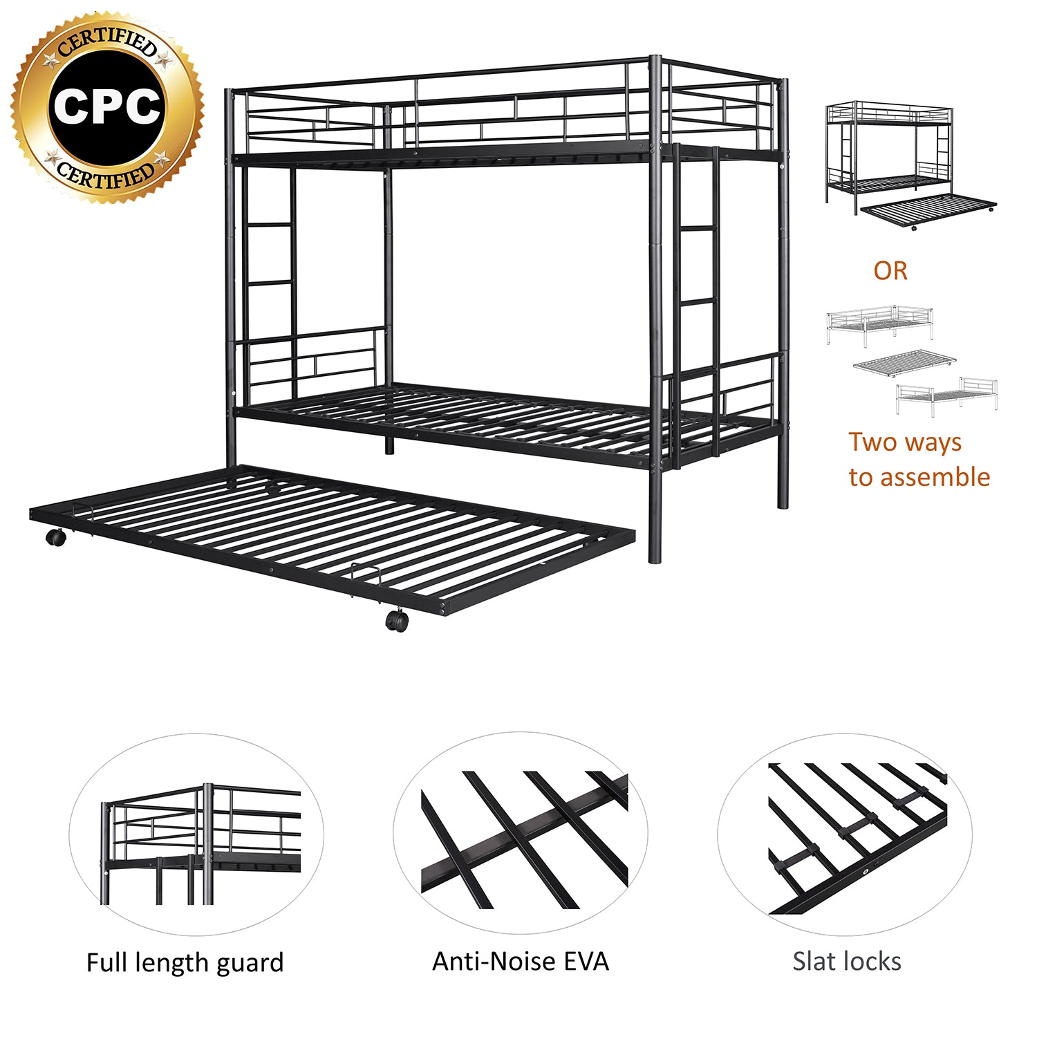 Royard Oaktree Twin over Twin Bunk Bed with Trundle Metal Bunk Bed Frame with Slat and Guardrail