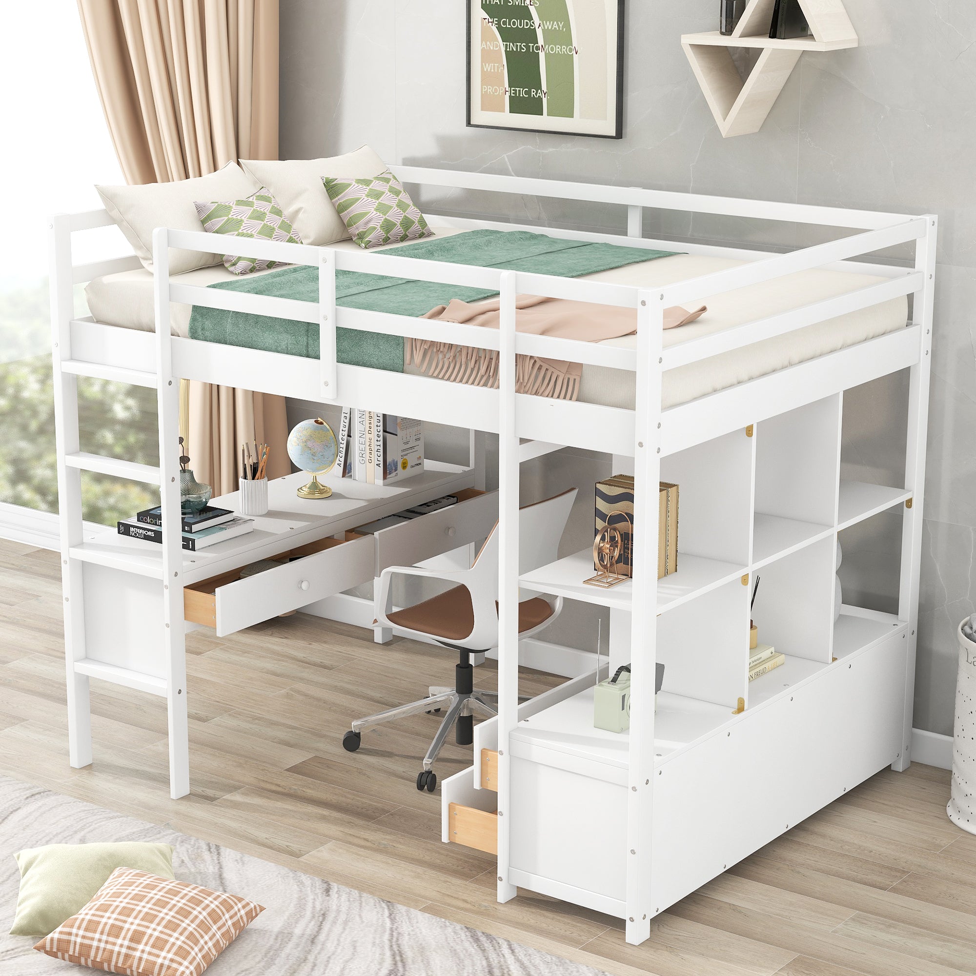 Royard Oaktree Loft Bed with Built-in Desk and Storage Shelves with Drawers Wood Loft Bed Frame with Ladder and Guardrails