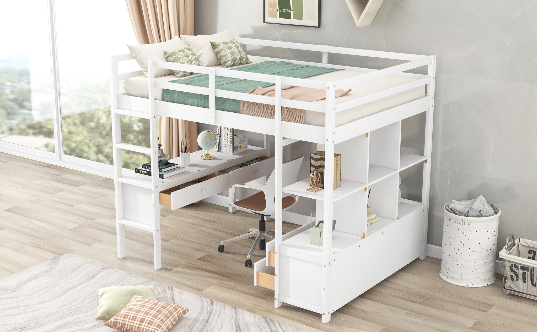 Royard Oaktree Loft Bed with Built-in Desk and Storage Shelves with Drawers Wood Loft Bed Frame with Ladder and Guardrails