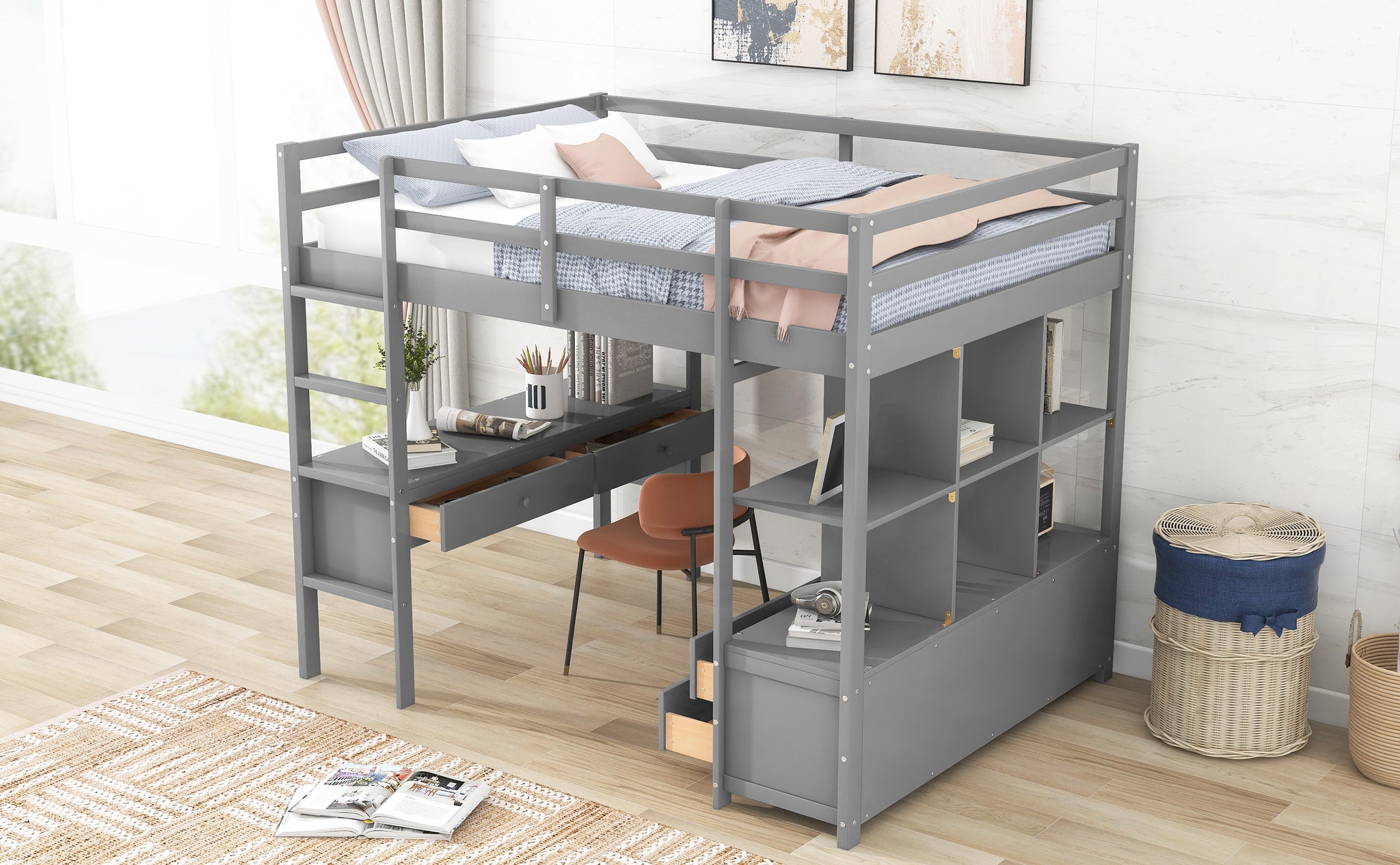 Royard Oaktree Loft Bed with Built-in Desk and Storage Shelves with Drawers Wood Loft Bed Frame with Ladder and Guardrails