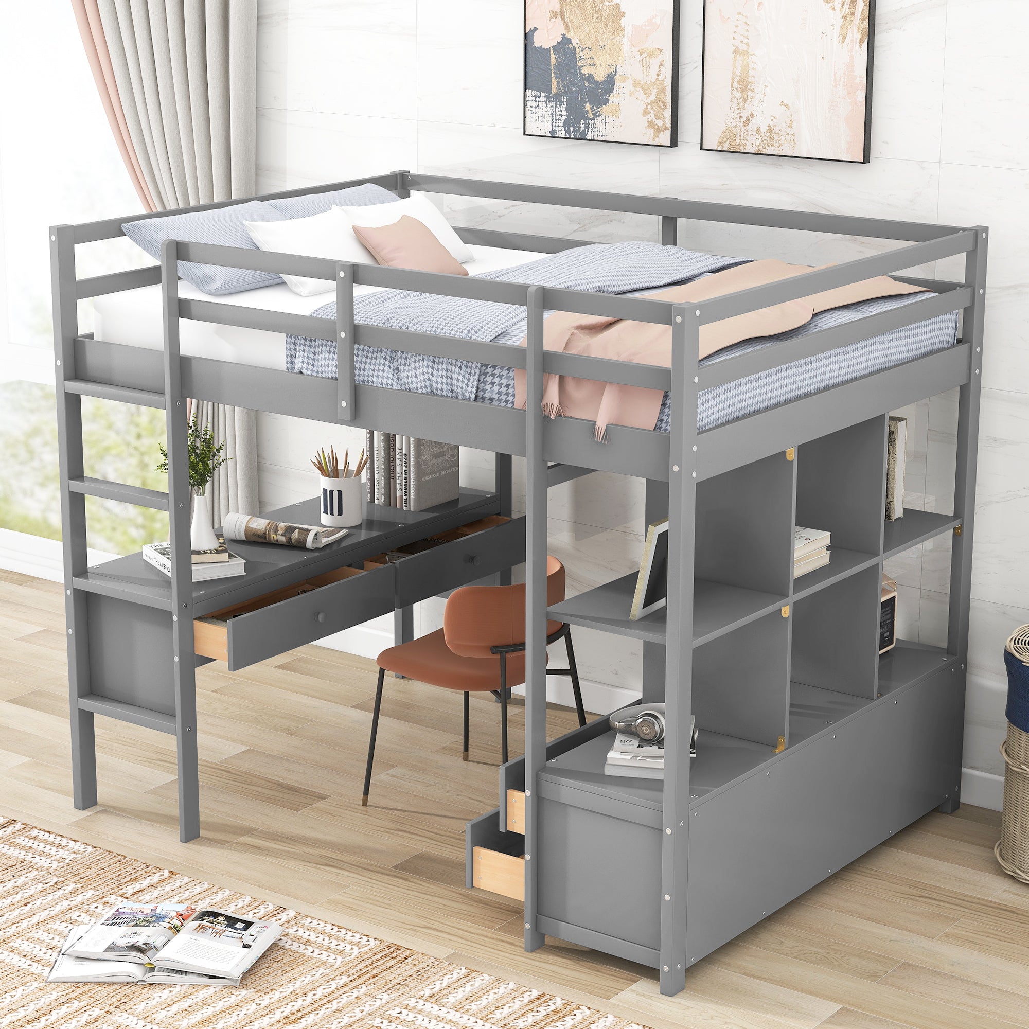 Royard Oaktree Loft Bed with Built-in Desk and Storage Shelves with Drawers Wood Loft Bed Frame with Ladder and Guardrails