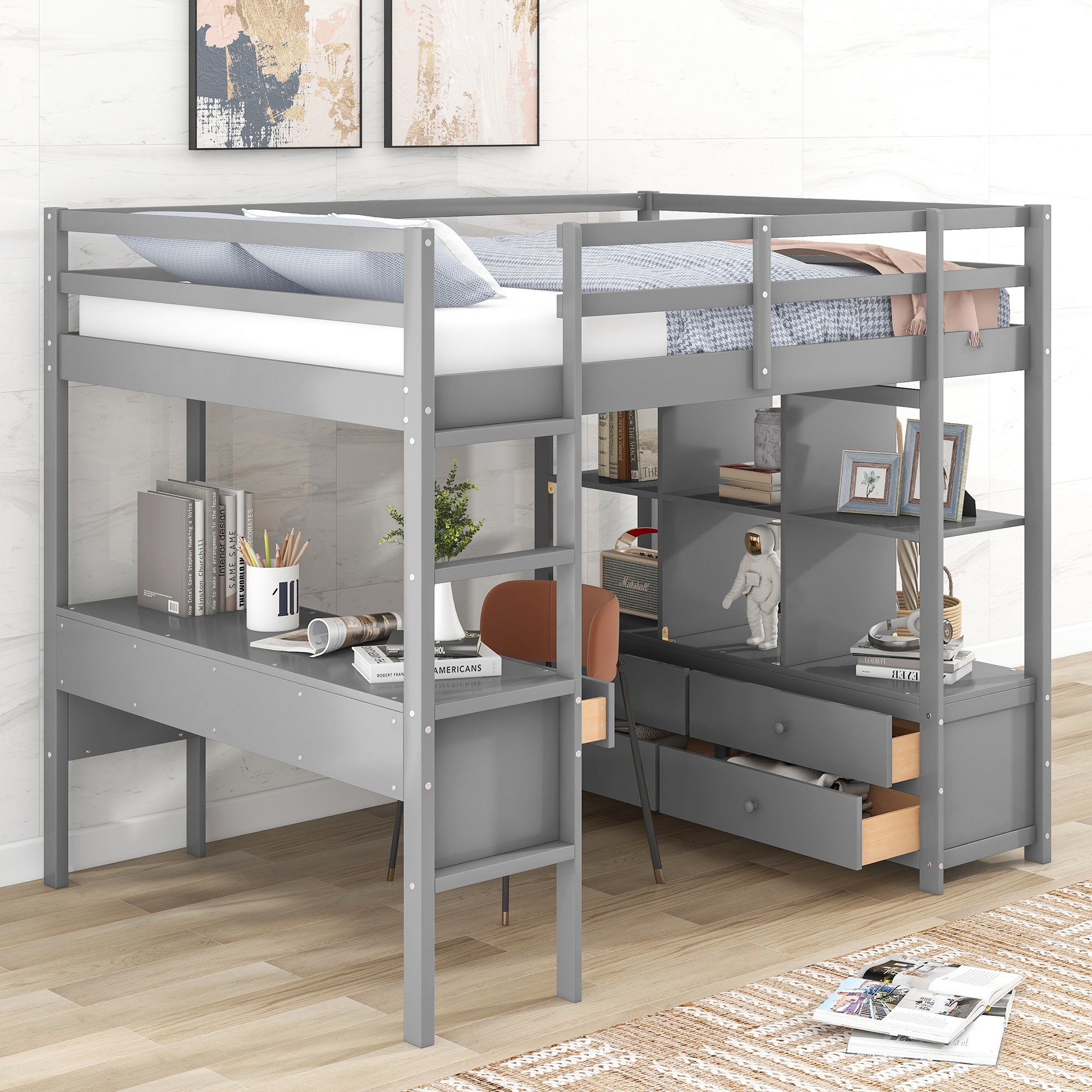 Royard Oaktree Loft Bed with Built-in Desk and Storage Shelves with Drawers Wood Loft Bed Frame with Ladder and Guardrails