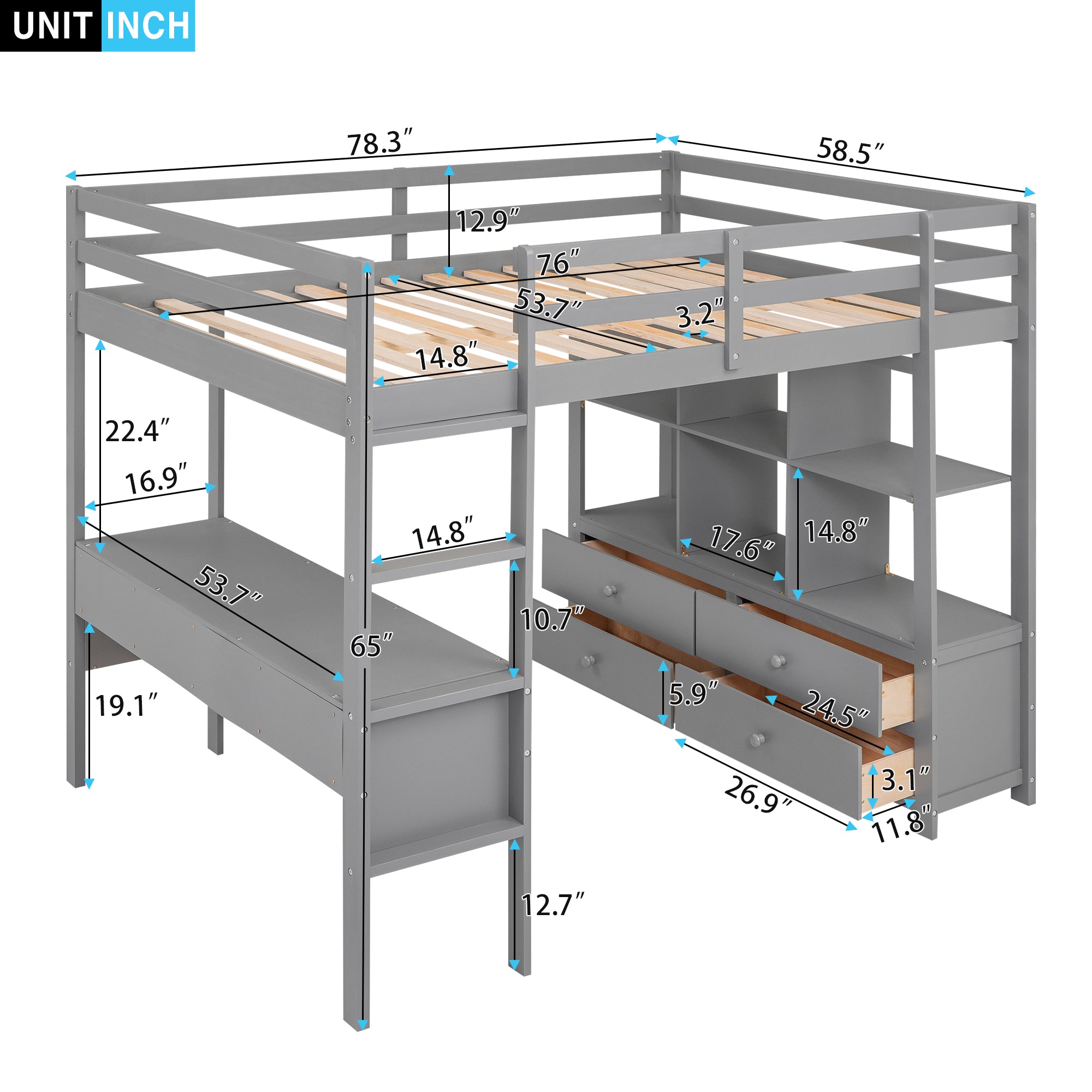 Royard Oaktree Loft Bed with Built-in Desk and Storage Shelves with Drawers Wood Loft Bed Frame with Ladder and Guardrails