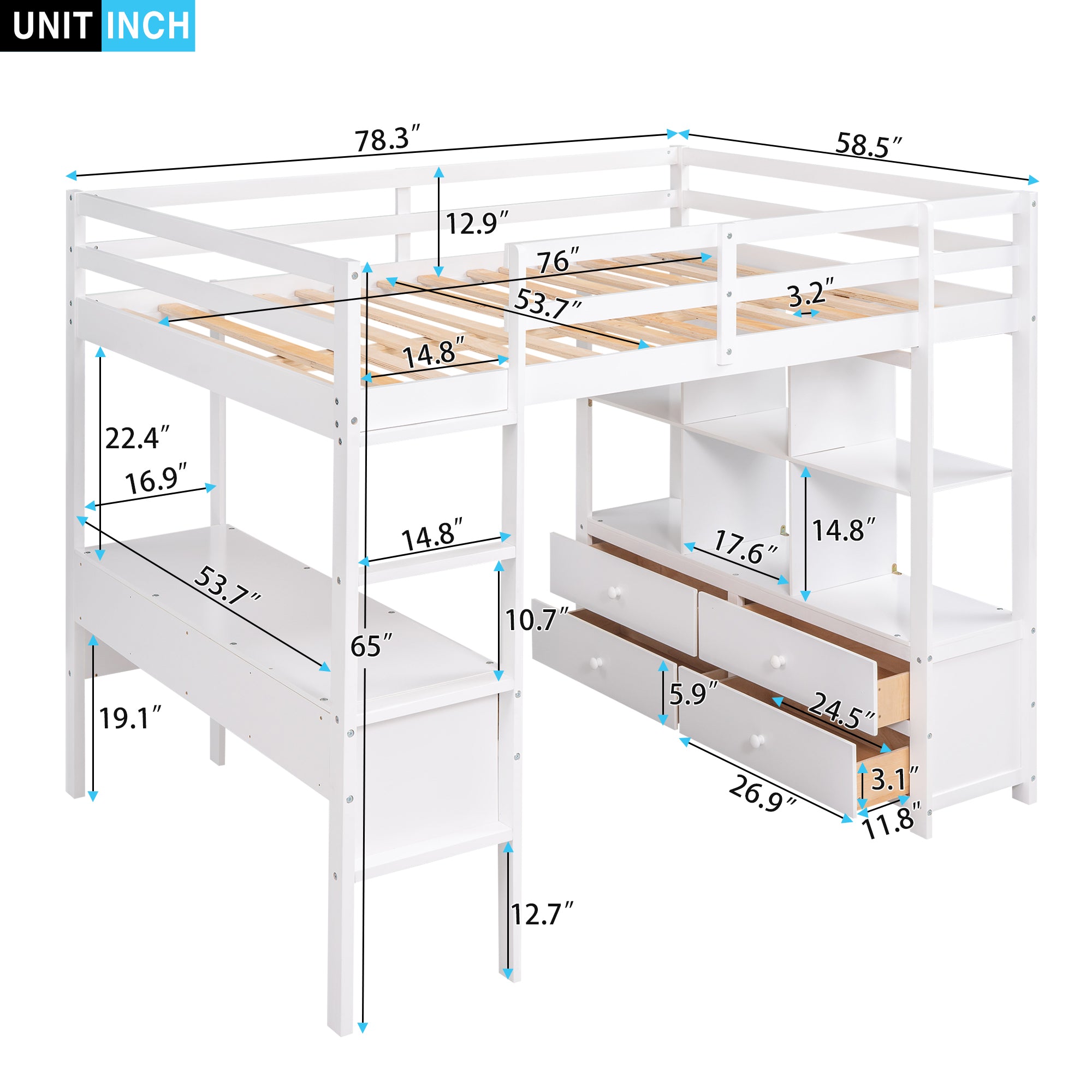 Royard Oaktree Loft Bed with Built-in Desk and Storage Shelves with Drawers Wood Loft Bed Frame with Ladder and Guardrails