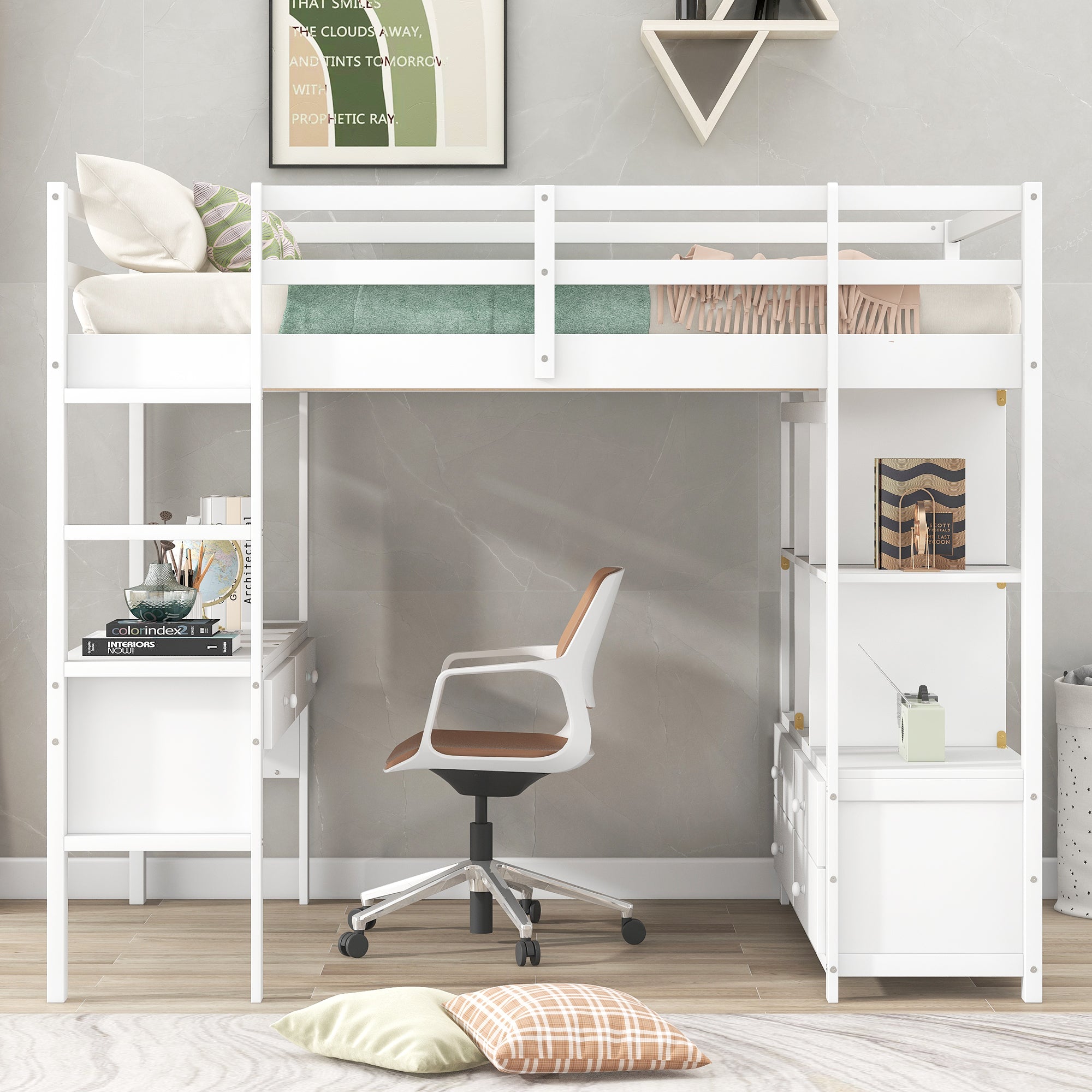 Royard Oaktree Loft Bed with Built-in Desk and Storage Shelves with Drawers Wood Loft Bed Frame with Ladder and Guardrails