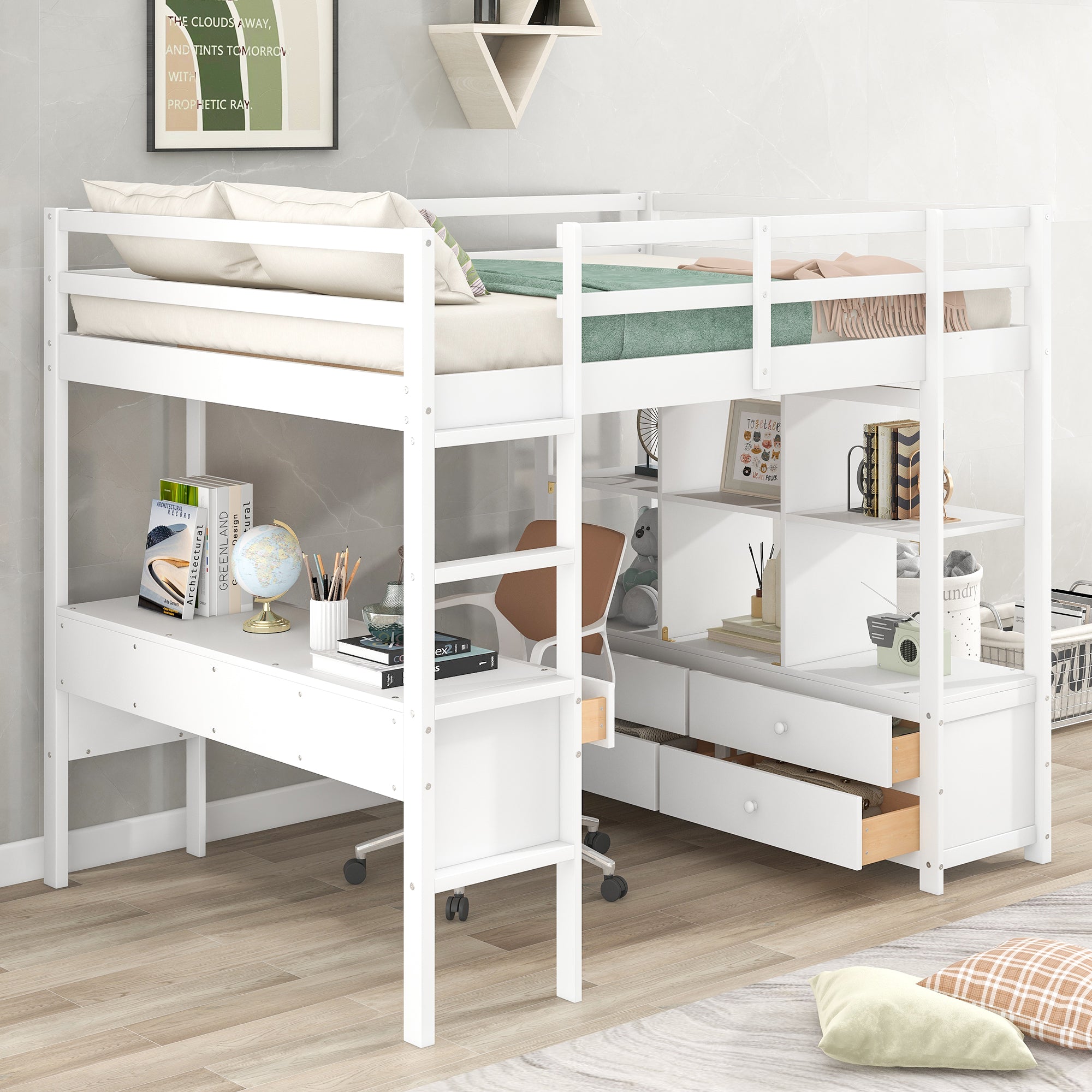 Royard Oaktree Loft Bed with Built-in Desk and Storage Shelves with Drawers Wood Loft Bed Frame with Ladder and Guardrails