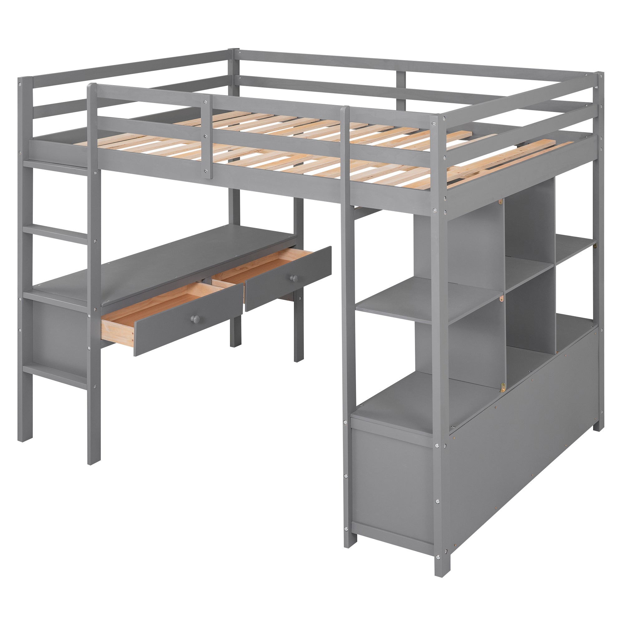 Royard Oaktree Loft Bed with Built-in Desk and Storage Shelves with Drawers Wood Loft Bed Frame with Ladder and Guardrails