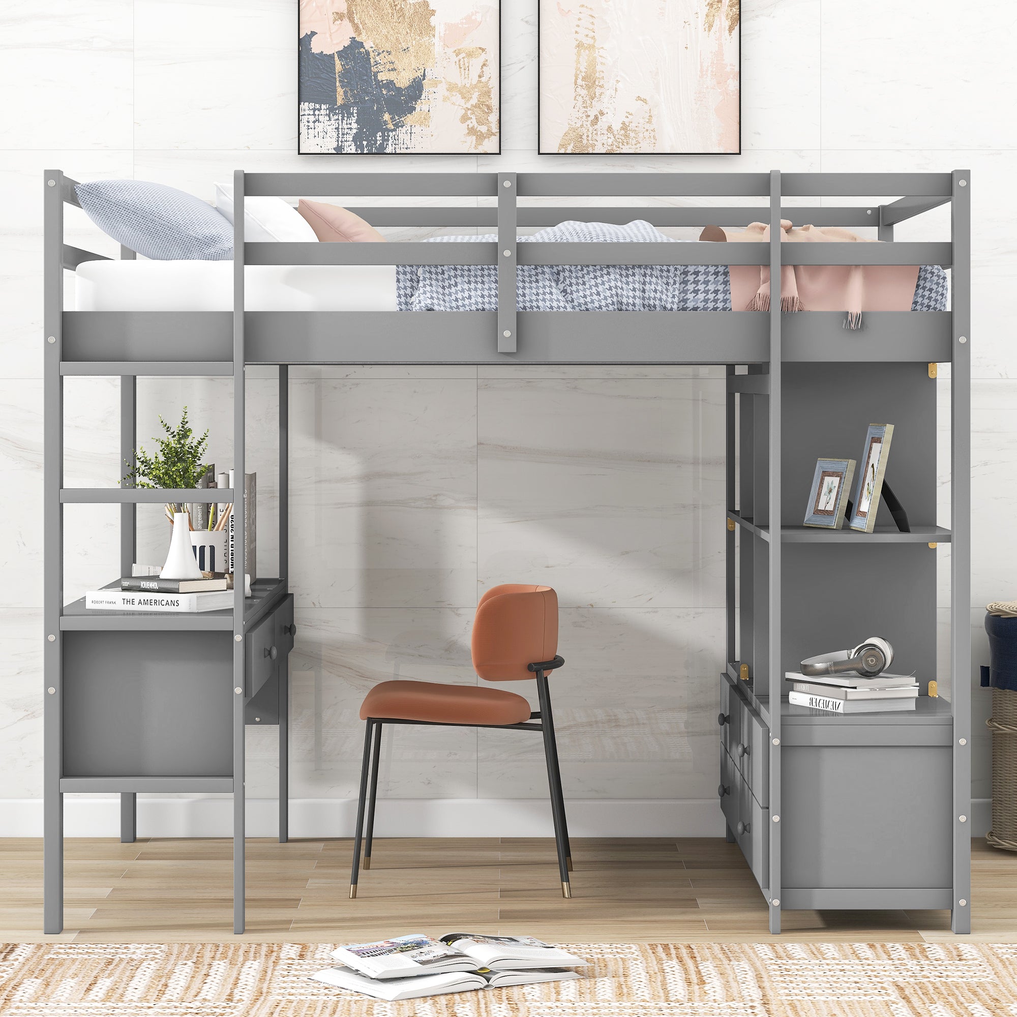 Royard Oaktree Loft Bed with Built-in Desk and Storage Shelves with Drawers Wood Loft Bed Frame with Ladder and Guardrails