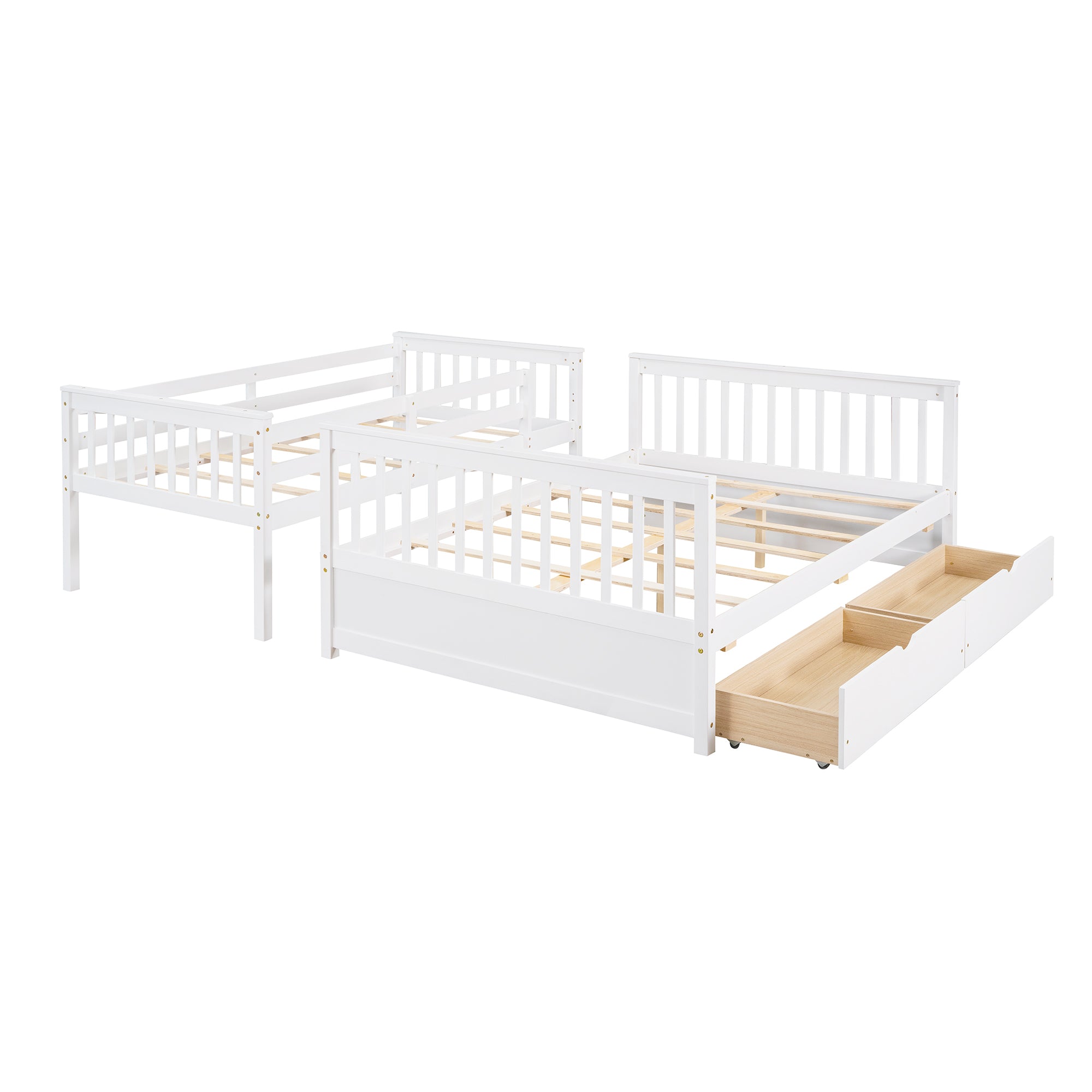 Royard Oaktree Twin-Over-Full Bunk Bed with Under-bed Drawers Wood Bunk Bed Frame with Guardrail and Ladder Can Be Converted Into 2 Beds