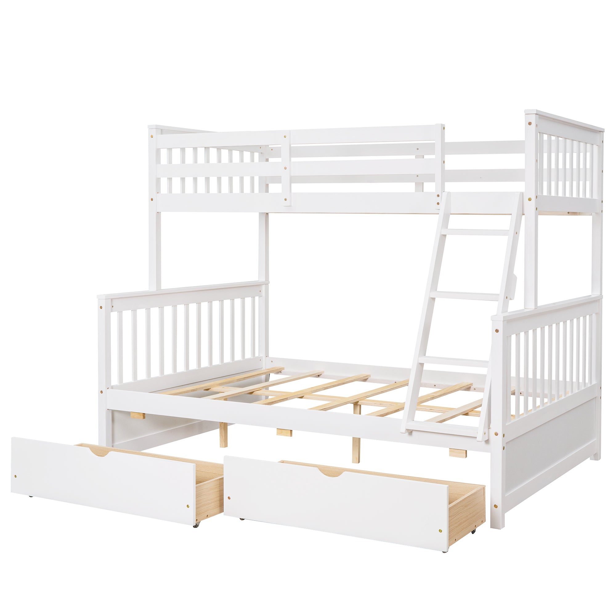 Royard Oaktree Twin-Over-Full Bunk Bed with Under-bed Drawers Wood Bunk Bed Frame with Guardrail and Ladder Can Be Converted Into 2 Beds