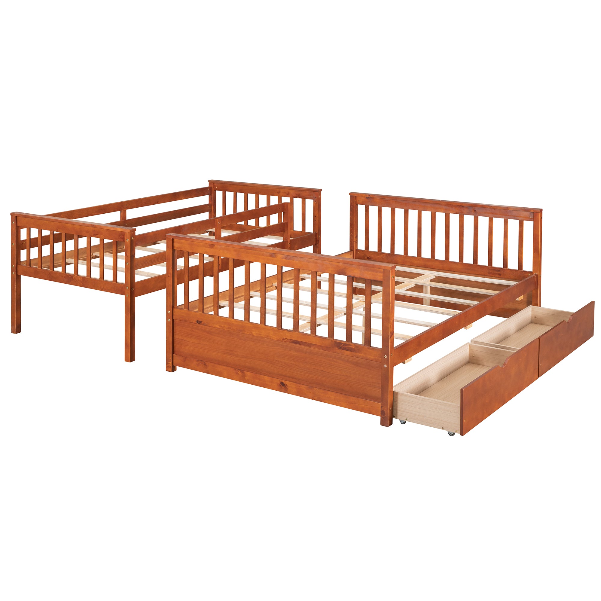 Royard Oaktree Twin-Over-Full Bunk Bed with Under-bed Drawers Wood Bunk Bed Frame with Guardrail and Ladder Can Be Converted Into 2 Beds