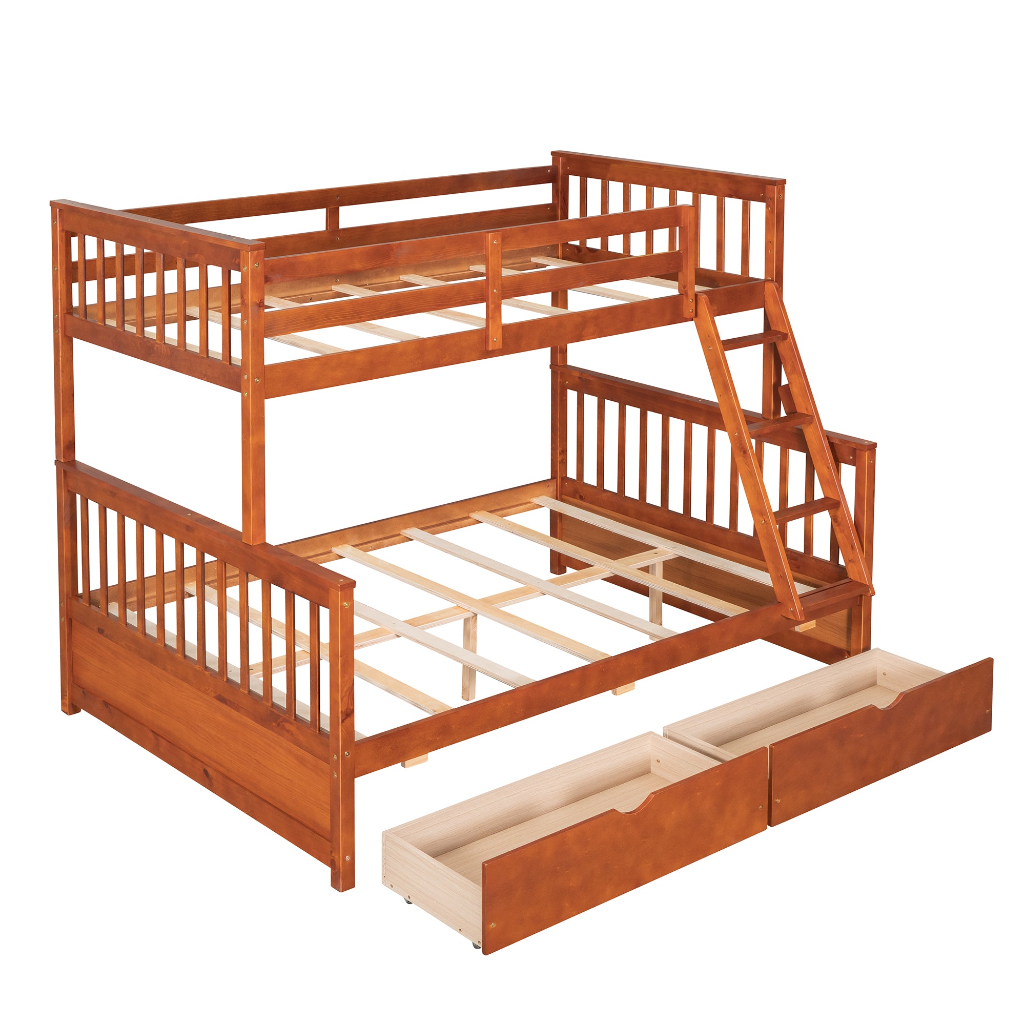 Royard Oaktree Twin-Over-Full Bunk Bed with Under-bed Drawers Wood Bunk Bed Frame with Guardrail and Ladder Can Be Converted Into 2 Beds