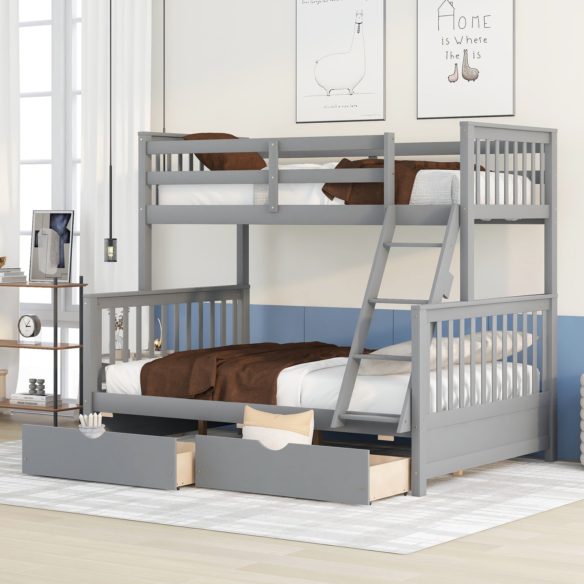 Royard Oaktree Twin-Over-Full Bunk Bed with Under-bed Drawers Wood Bunk Bed Frame with Guardrail and Ladder Can Be Converted Into 2 Beds