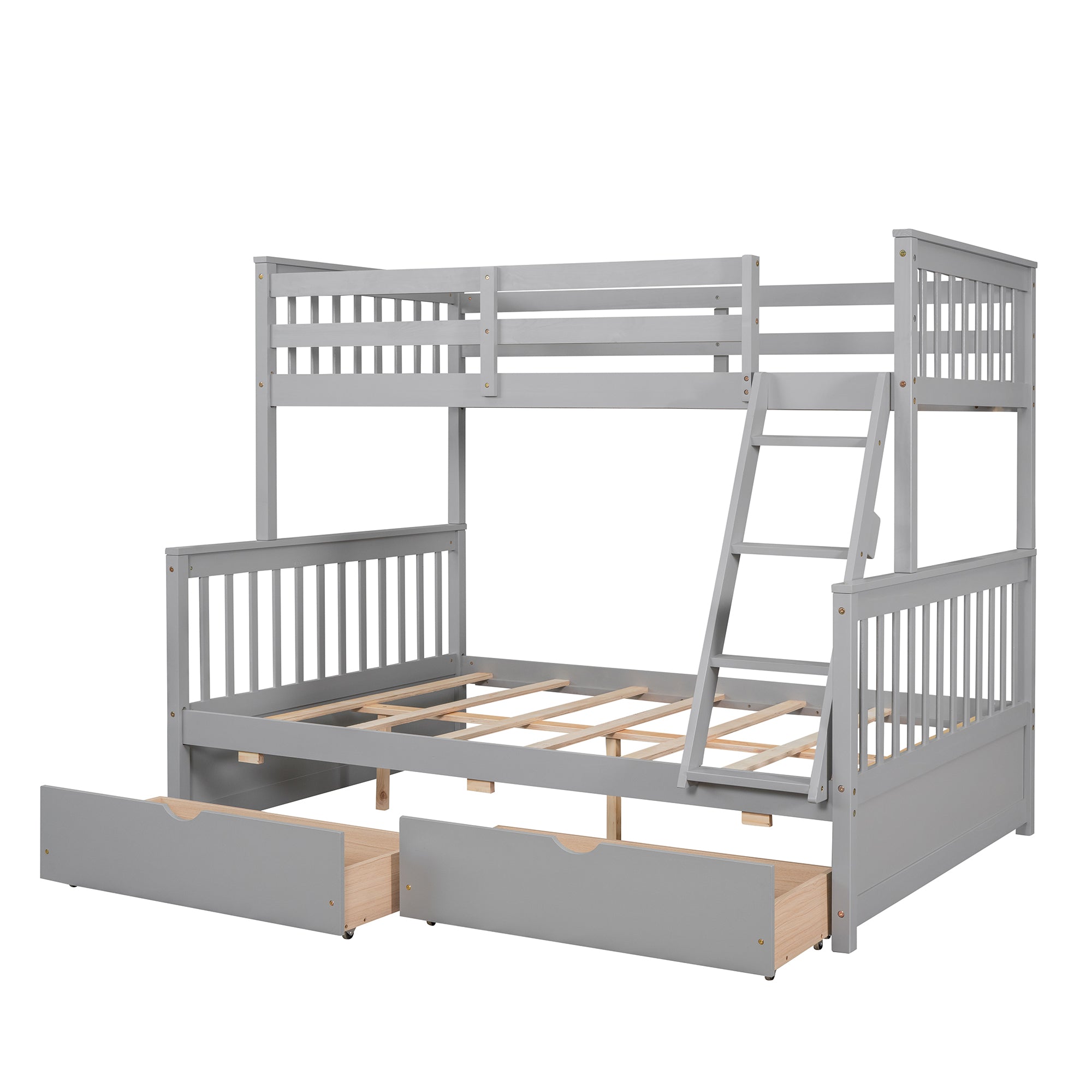 Royard Oaktree Twin-Over-Full Bunk Bed with Under-bed Drawers Wood Bunk Bed Frame with Guardrail and Ladder Can Be Converted Into 2 Beds