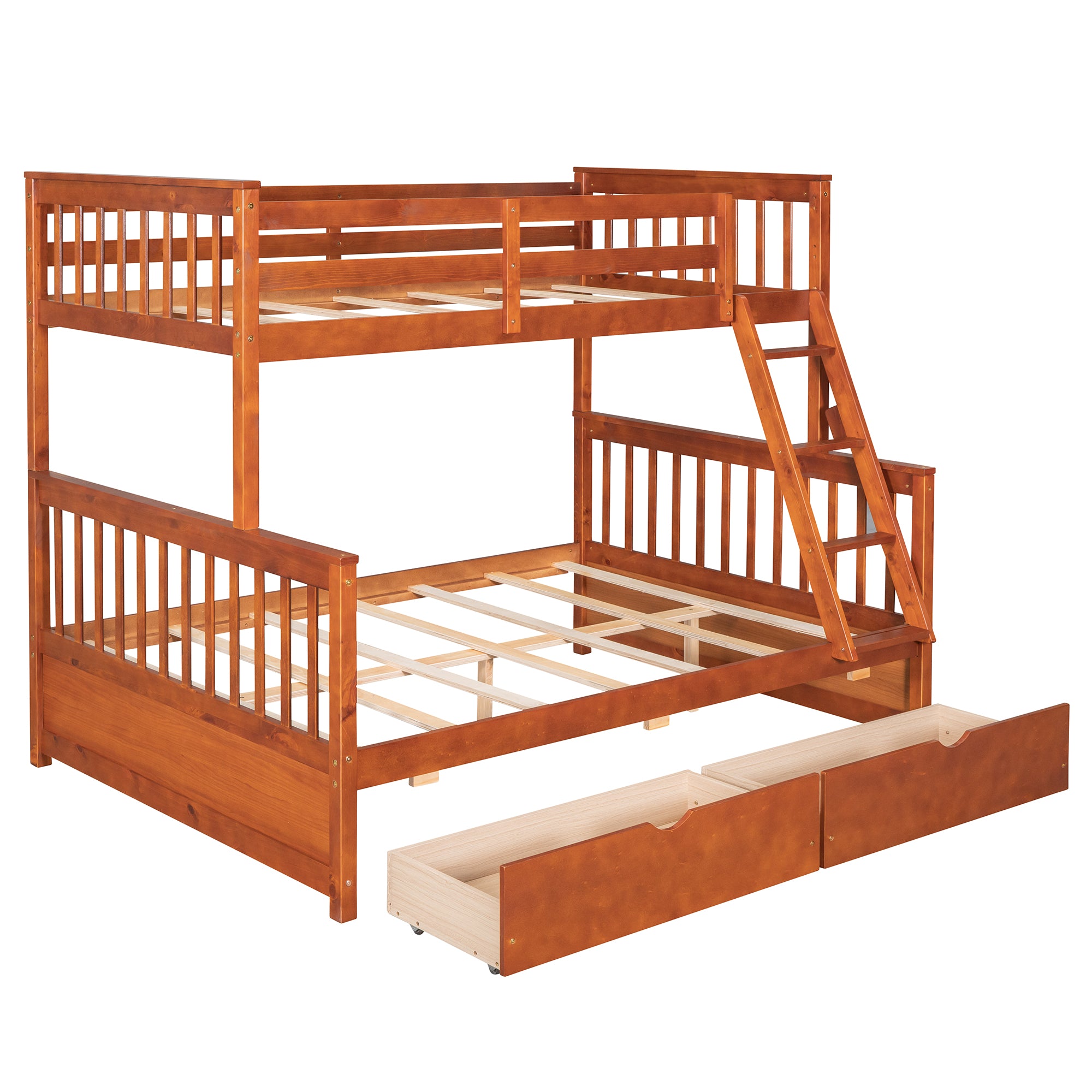 Royard Oaktree Twin-Over-Full Bunk Bed with Under-bed Drawers Wood Bunk Bed Frame with Guardrail and Ladder Can Be Converted Into 2 Beds