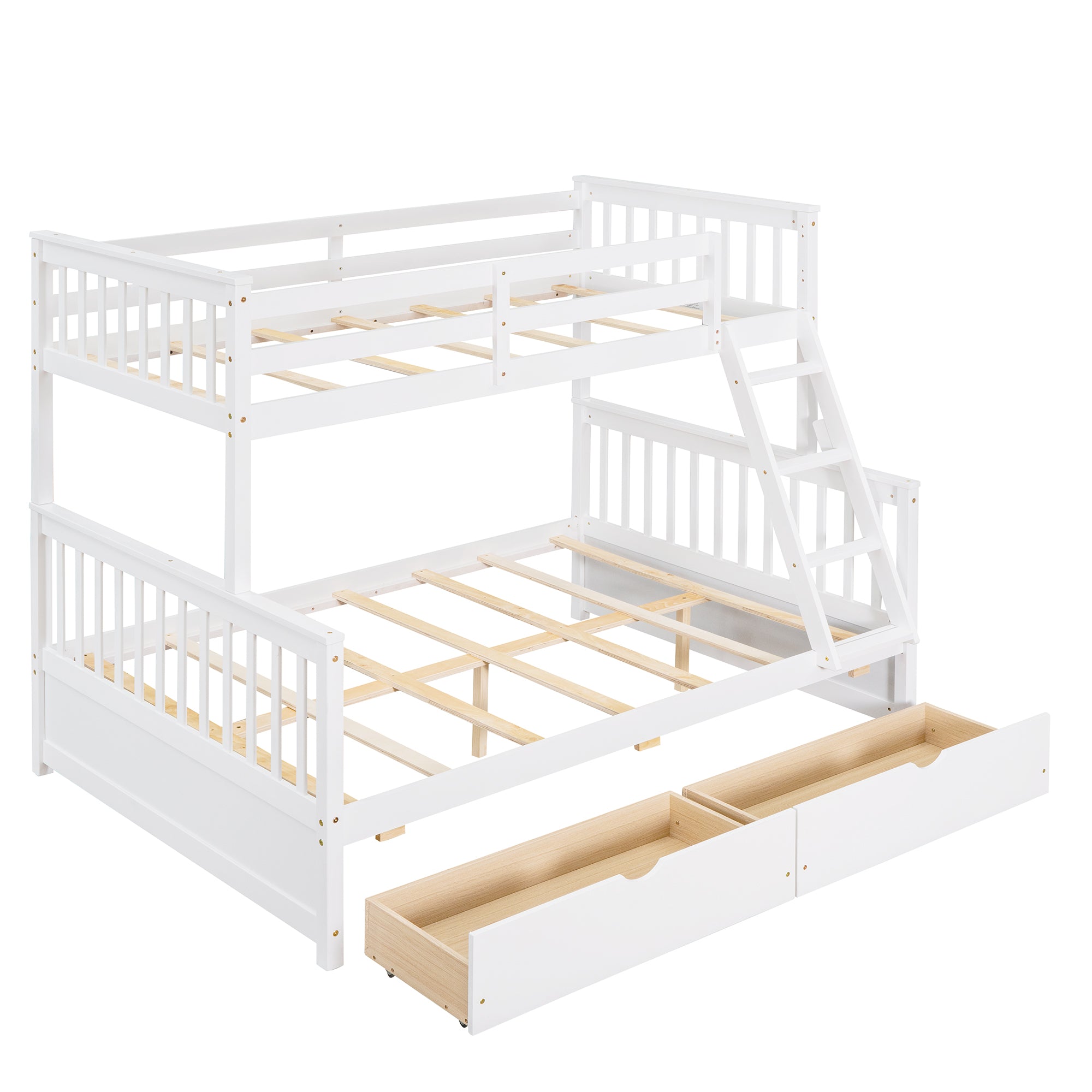 Royard Oaktree Twin-Over-Full Bunk Bed with Under-bed Drawers Wood Bunk Bed Frame with Guardrail and Ladder Can Be Converted Into 2 Beds