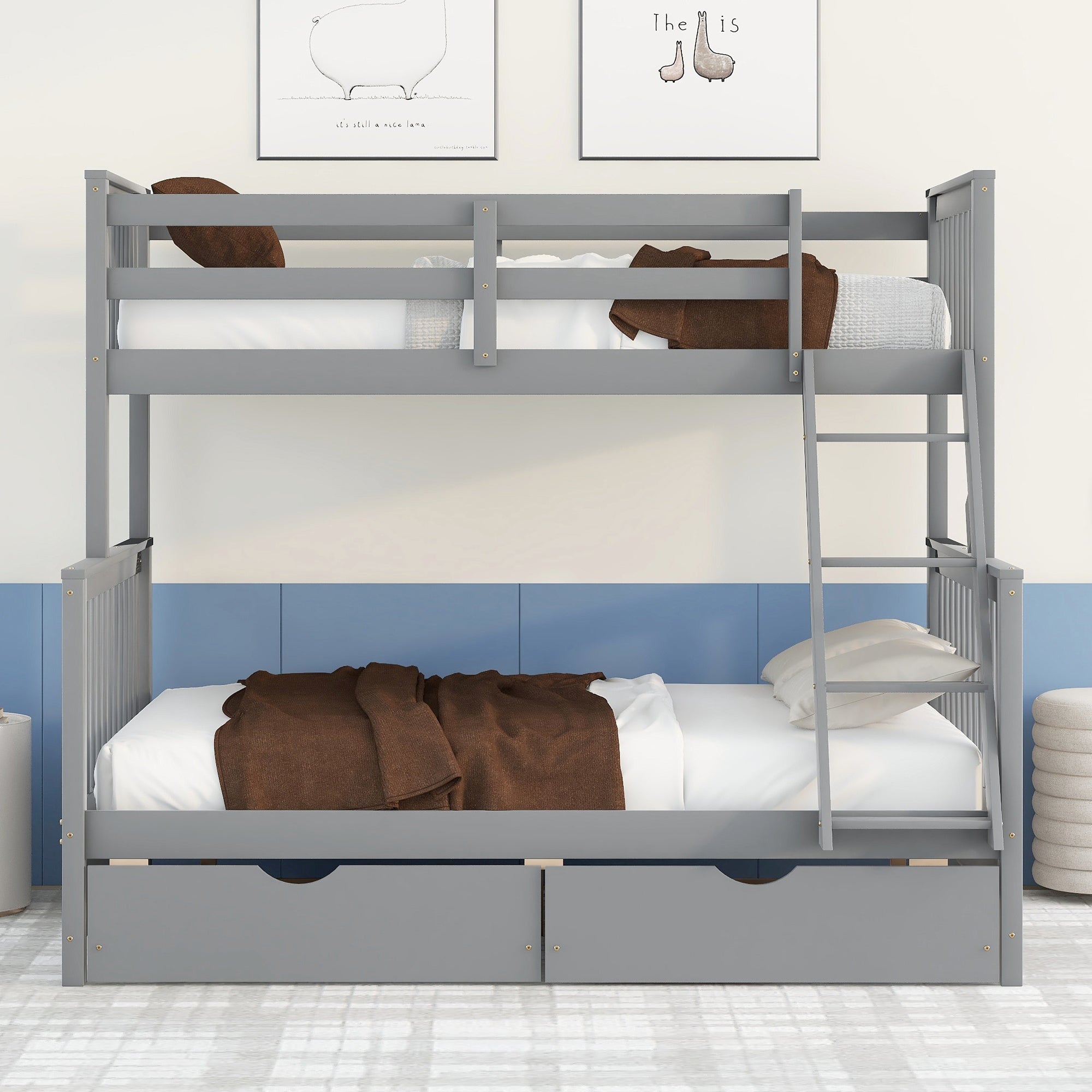 Royard Oaktree Twin-Over-Full Bunk Bed with Under-bed Drawers Wood Bunk Bed Frame with Guardrail and Ladder Can Be Converted Into 2 Beds