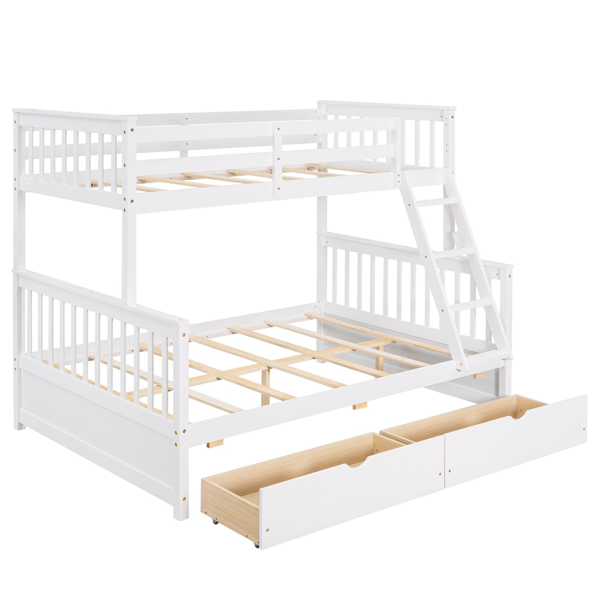 Royard Oaktree Twin-Over-Full Bunk Bed with Under-bed Drawers Wood Bunk Bed Frame with Guardrail and Ladder Can Be Converted Into 2 Beds