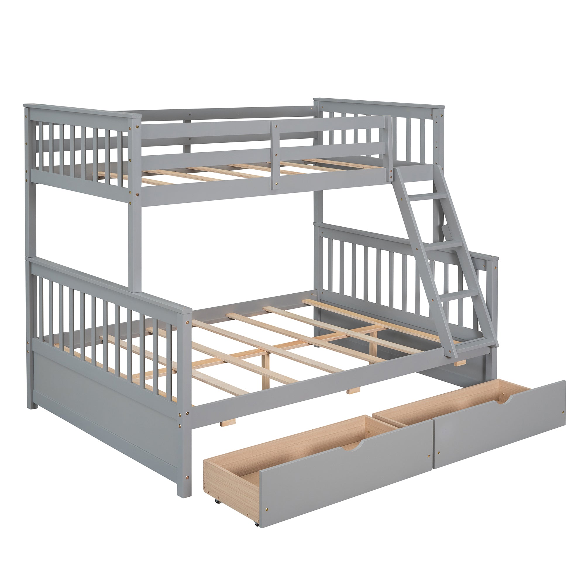 Royard Oaktree Twin-Over-Full Bunk Bed with Under-bed Drawers Wood Bunk Bed Frame with Guardrail and Ladder Can Be Converted Into 2 Beds