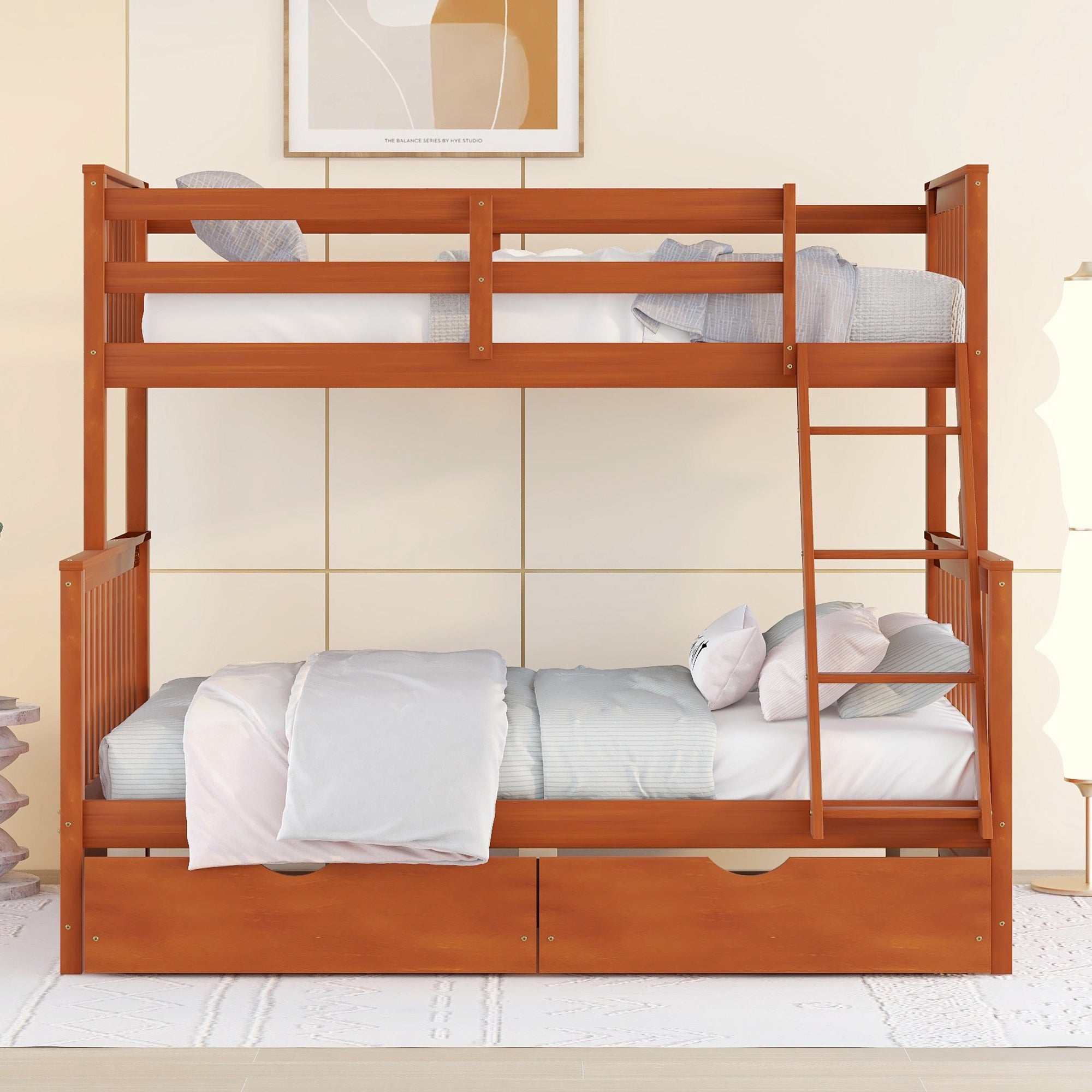 Royard Oaktree Twin-Over-Full Bunk Bed with Under-bed Drawers Wood Bunk Bed Frame with Guardrail and Ladder Can Be Converted Into 2 Beds