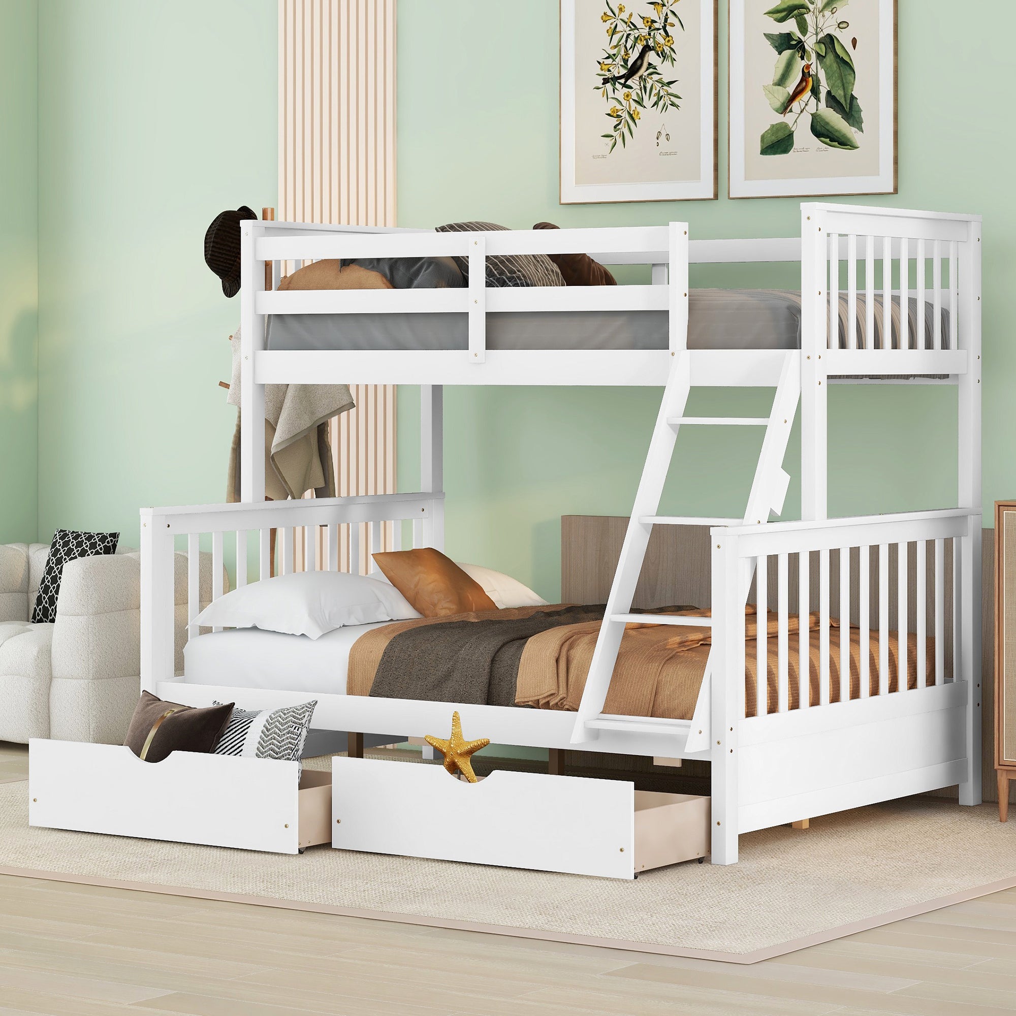 Royard Oaktree Twin-Over-Full Bunk Bed with Under-bed Drawers Wood Bunk Bed Frame with Guardrail and Ladder Can Be Converted Into 2 Beds