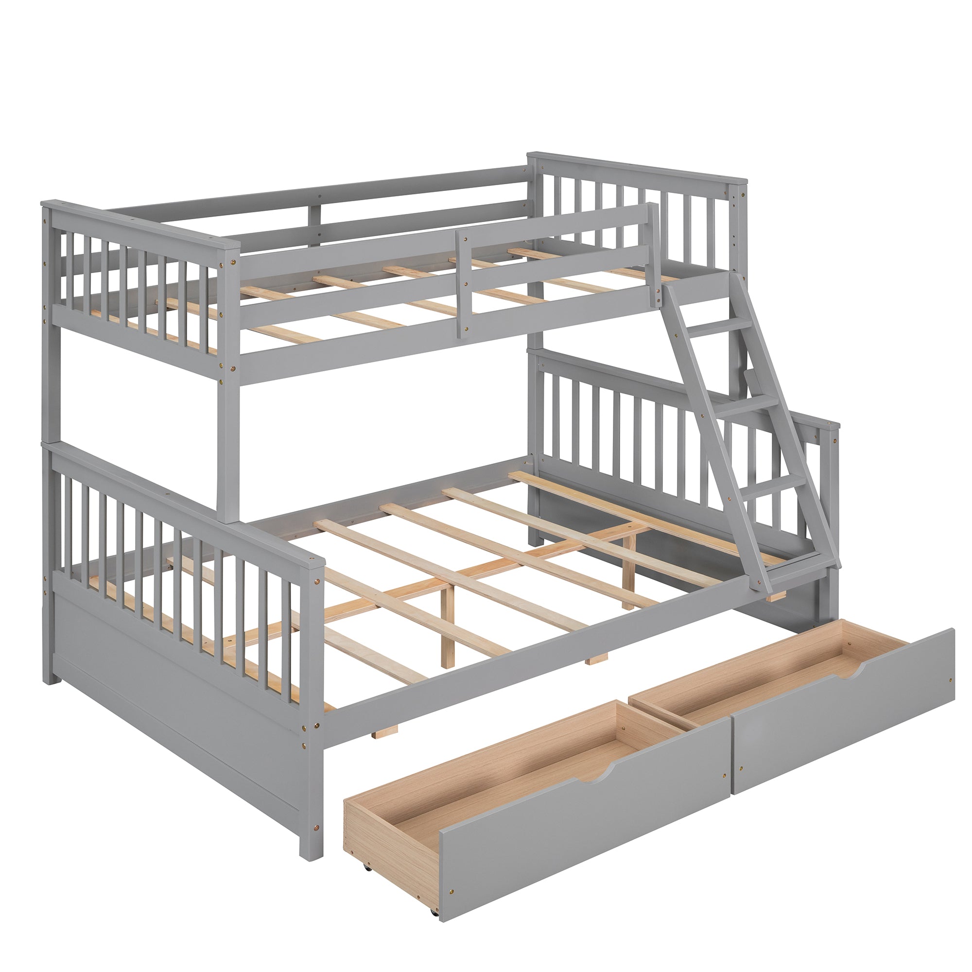 Royard Oaktree Twin-Over-Full Bunk Bed with Under-bed Drawers Wood Bunk Bed Frame with Guardrail and Ladder Can Be Converted Into 2 Beds