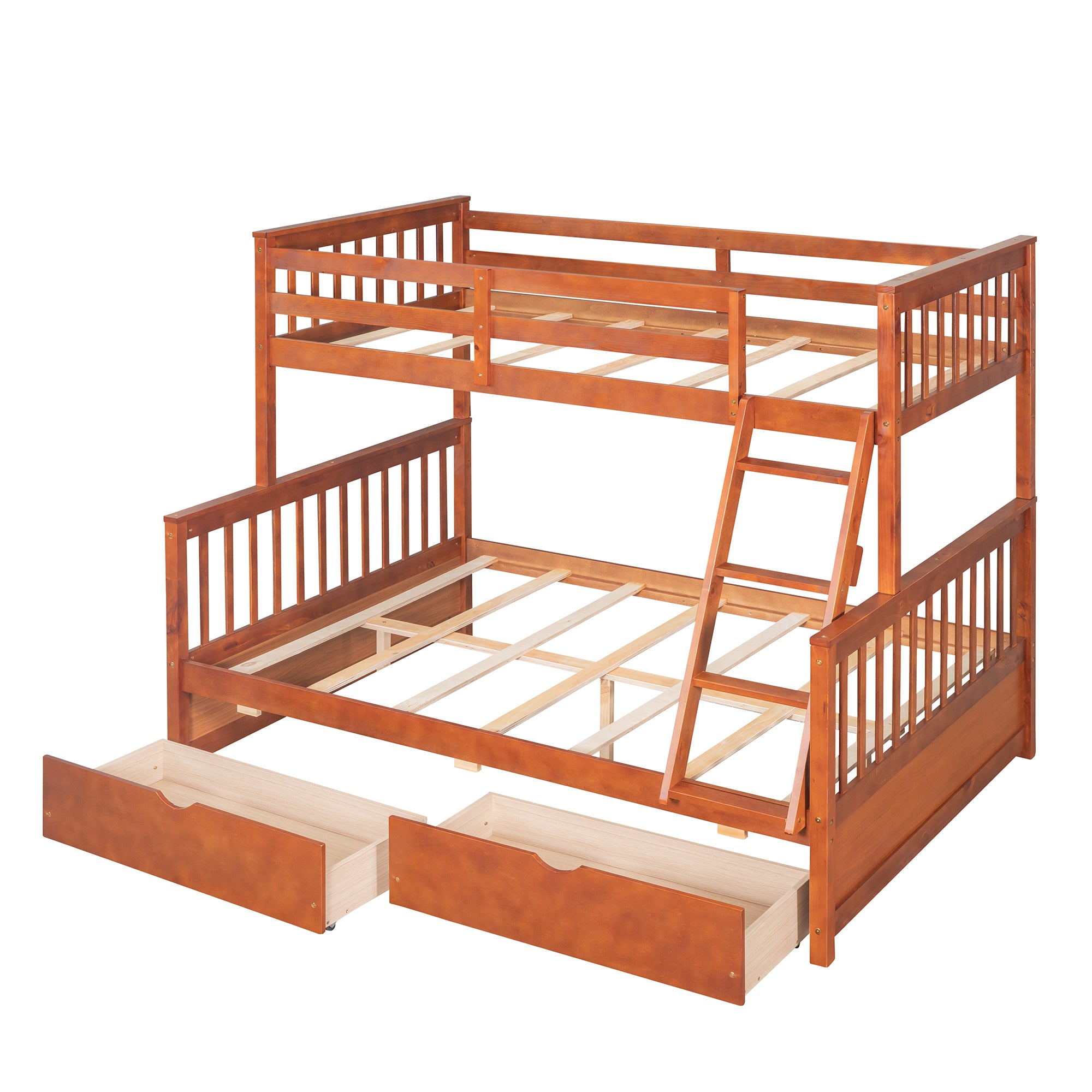 Royard Oaktree Twin-Over-Full Bunk Bed with Under-bed Drawers Wood Bunk Bed Frame with Guardrail and Ladder Can Be Converted Into 2 Beds