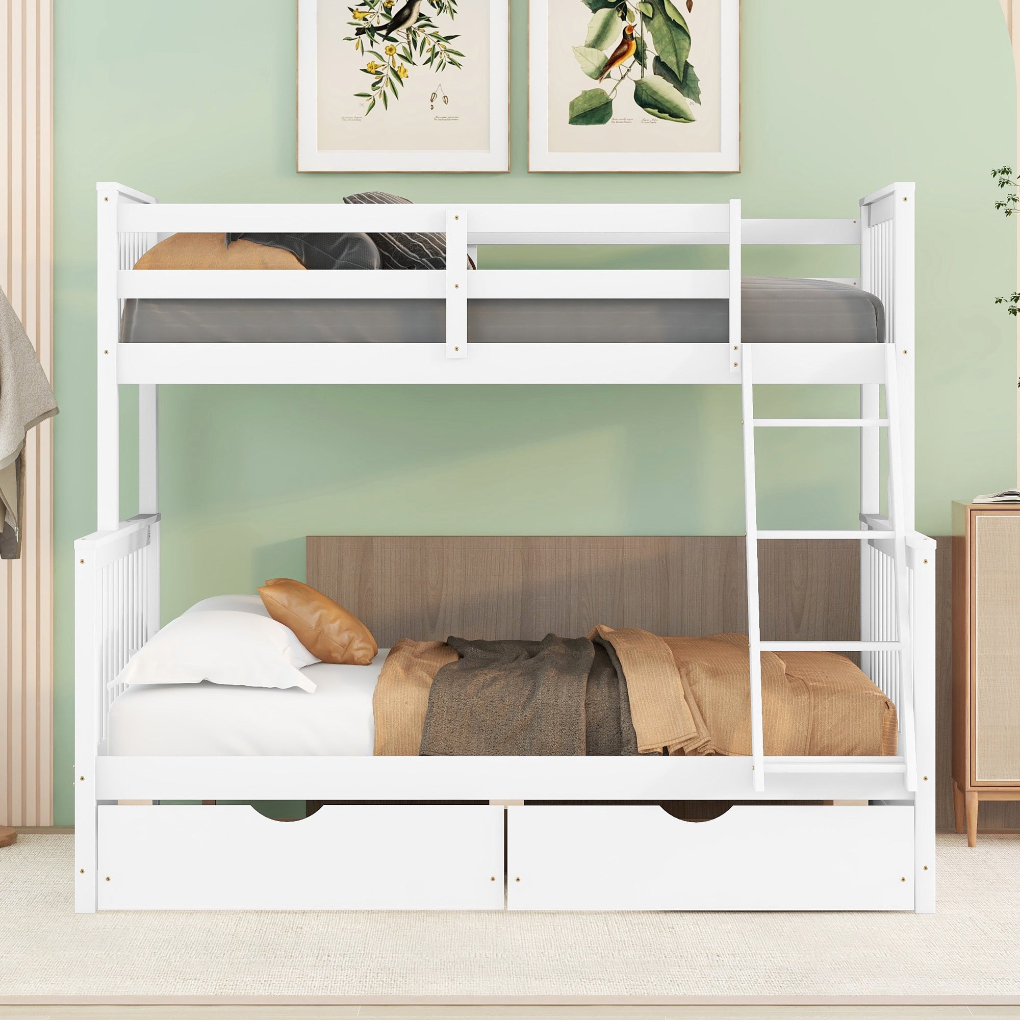 Royard Oaktree Twin-Over-Full Bunk Bed with Under-bed Drawers Wood Bunk Bed Frame with Guardrail and Ladder Can Be Converted Into 2 Beds