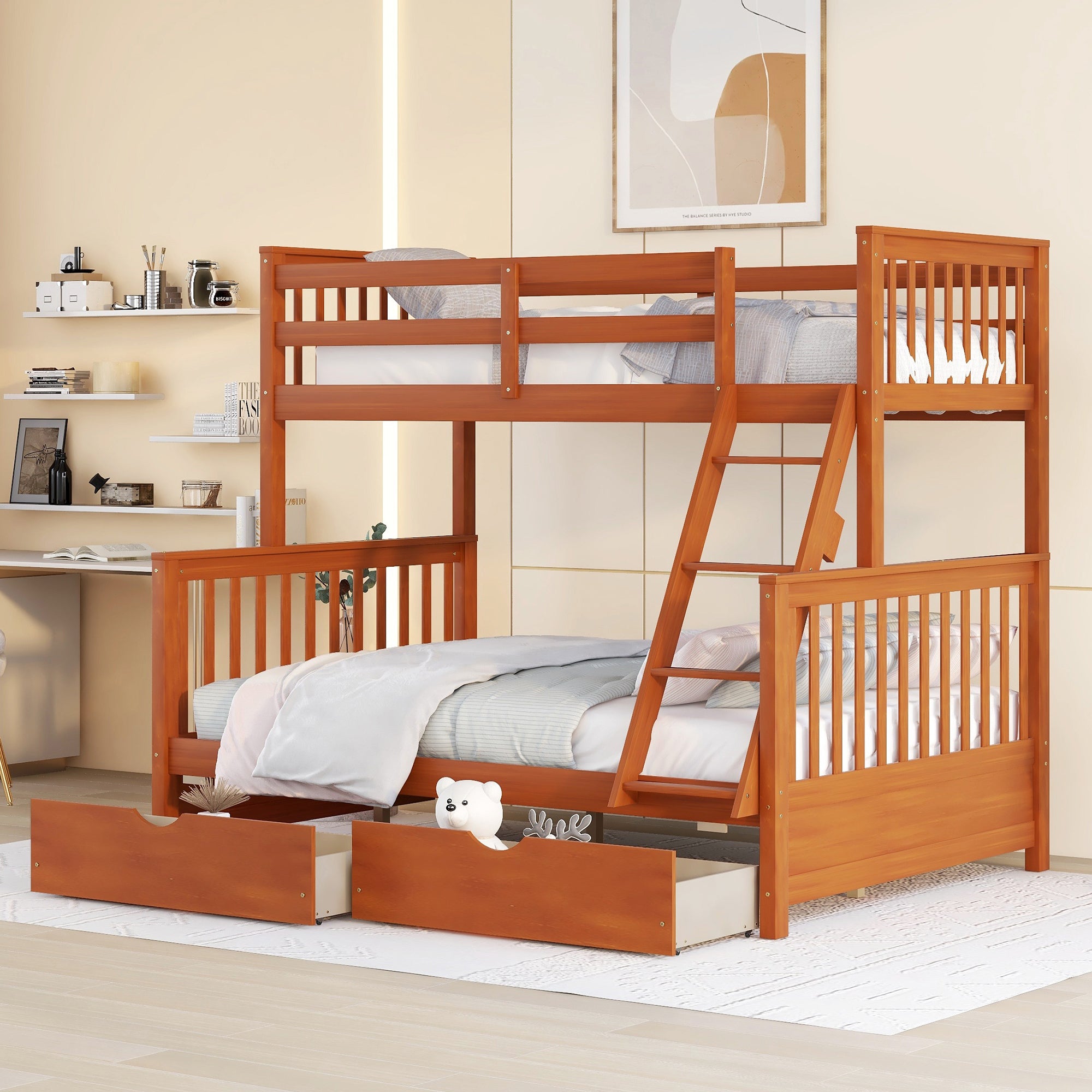 Royard Oaktree Twin-Over-Full Bunk Bed with Under-bed Drawers Wood Bunk Bed Frame with Guardrail and Ladder Can Be Converted Into 2 Beds