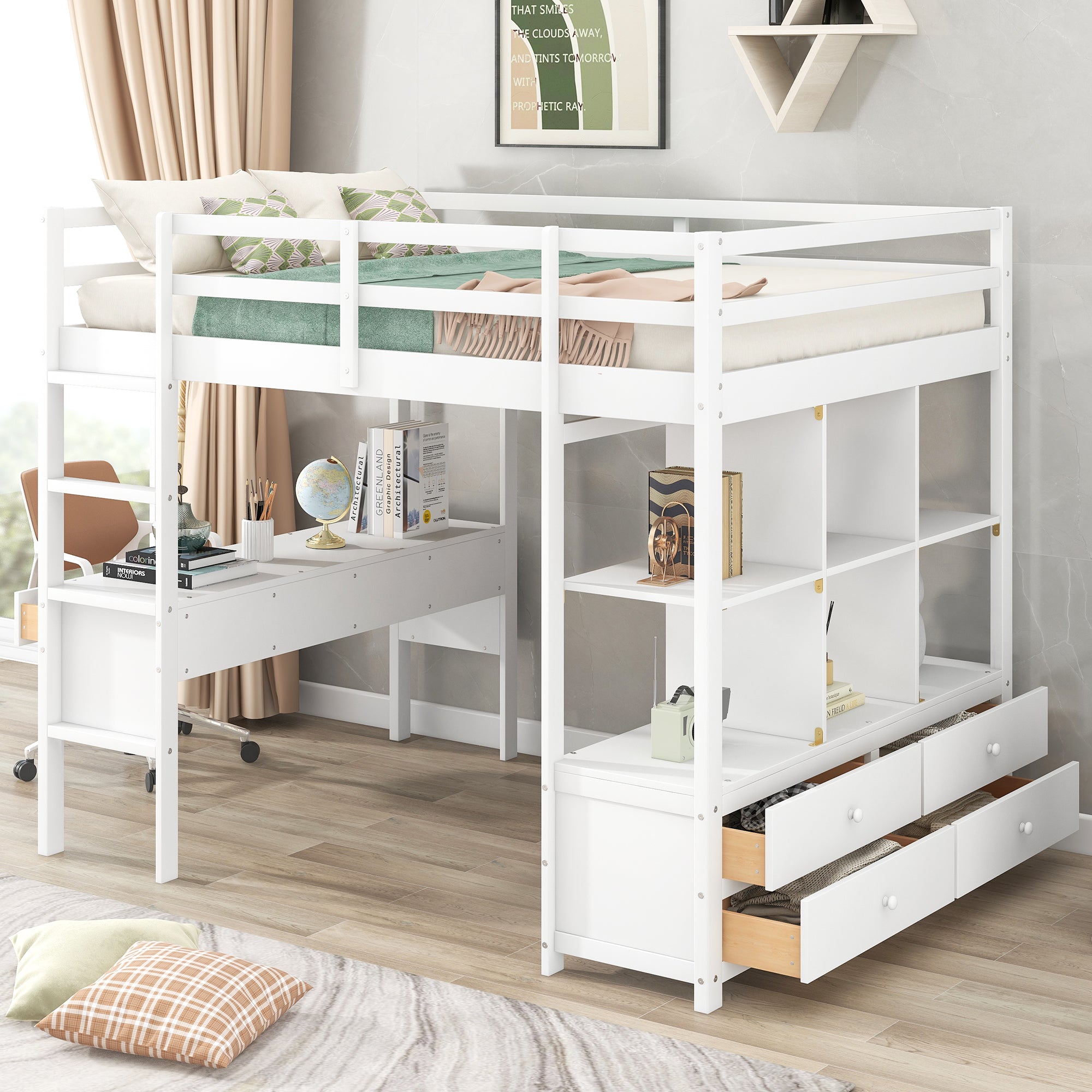 Royard Oaktree Loft Bed with Built-in Desk and Storage Shelves with Drawers Wood Loft Bed Frame with Ladder and Guardrails