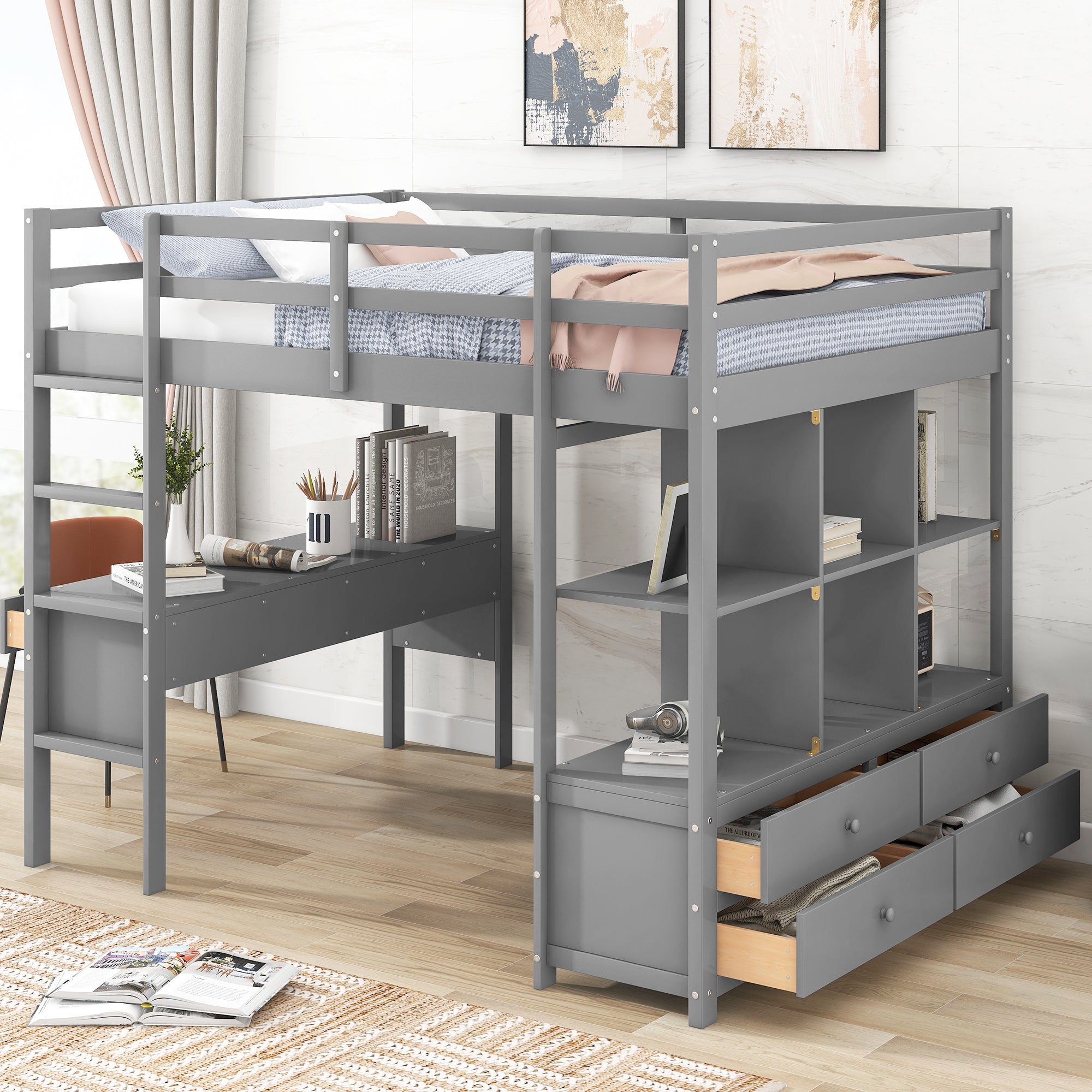 Royard Oaktree Loft Bed with Built-in Desk and Storage Shelves with Drawers Wood Loft Bed Frame with Ladder and Guardrails