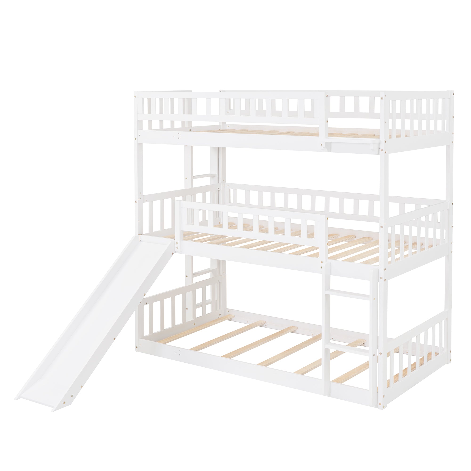 Royard Oaktree Twin-Over-Twin-Over-Twin Triple Bed with Built-in Ladder and Slide, Wood Triple Bunk Bed with Guardrails, Can Be Converted Into 3 Beds