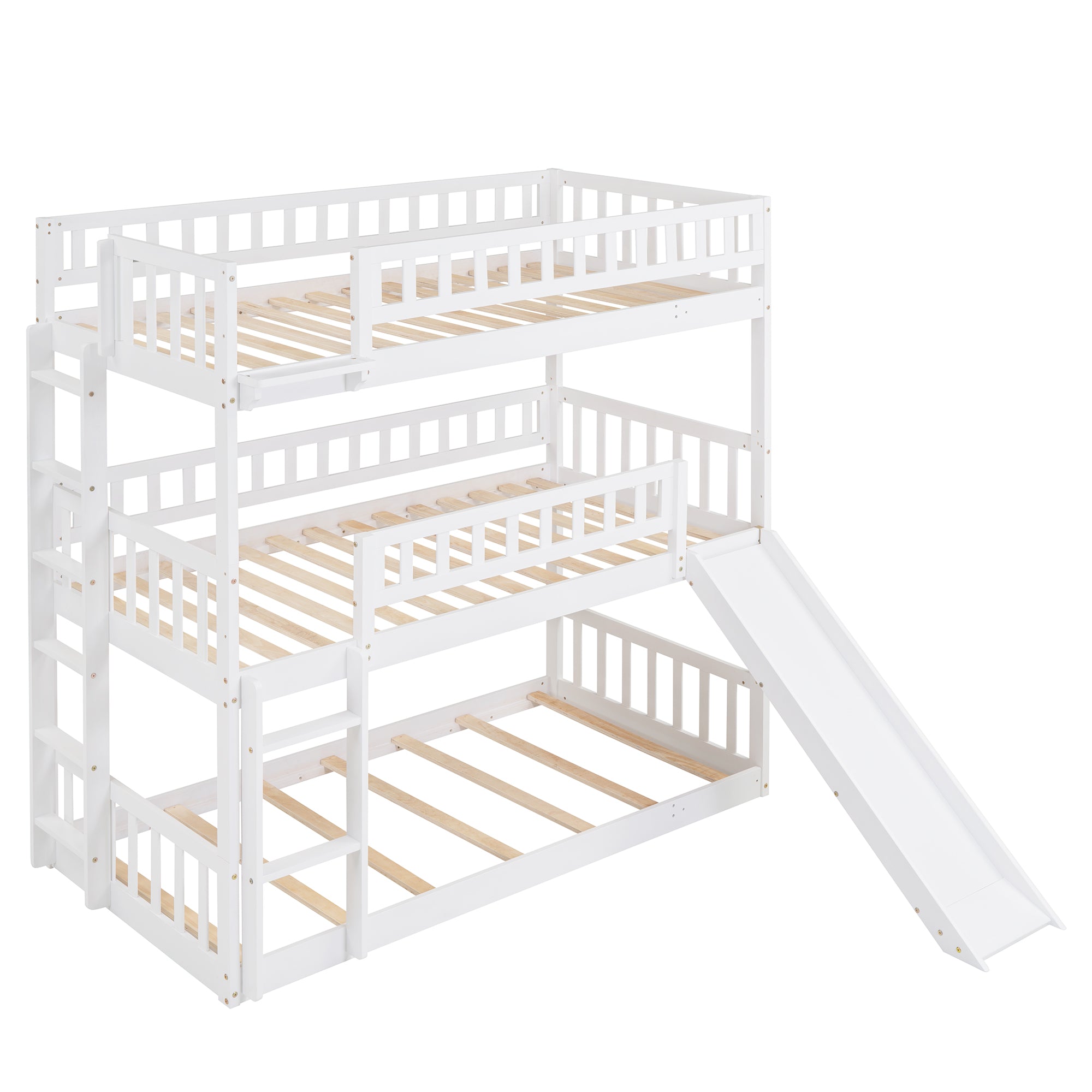 Royard Oaktree Twin-Over-Twin-Over-Twin Triple Bed with Built-in Ladder and Slide, Wood Triple Bunk Bed with Guardrails, Can Be Converted Into 3 Beds