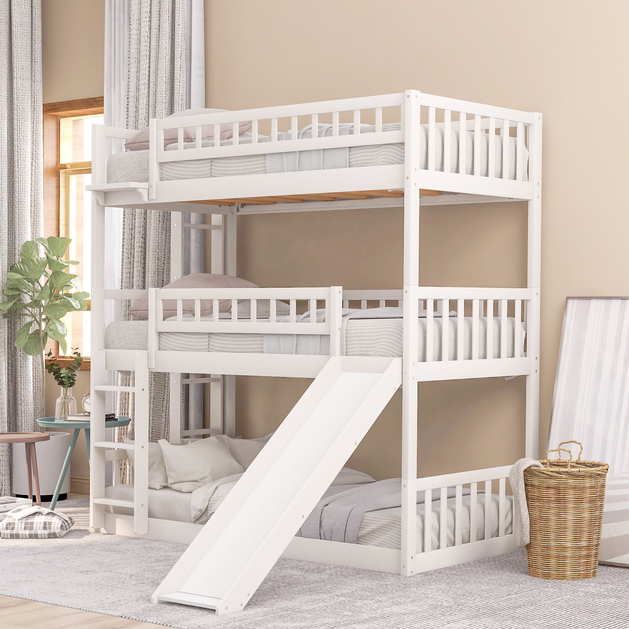 Royard Oaktree Twin-Over-Twin-Over-Twin Triple Bed with Built-in Ladder and Slide, Wood Triple Bunk Bed with Guardrails, Can Be Converted Into 3 Beds