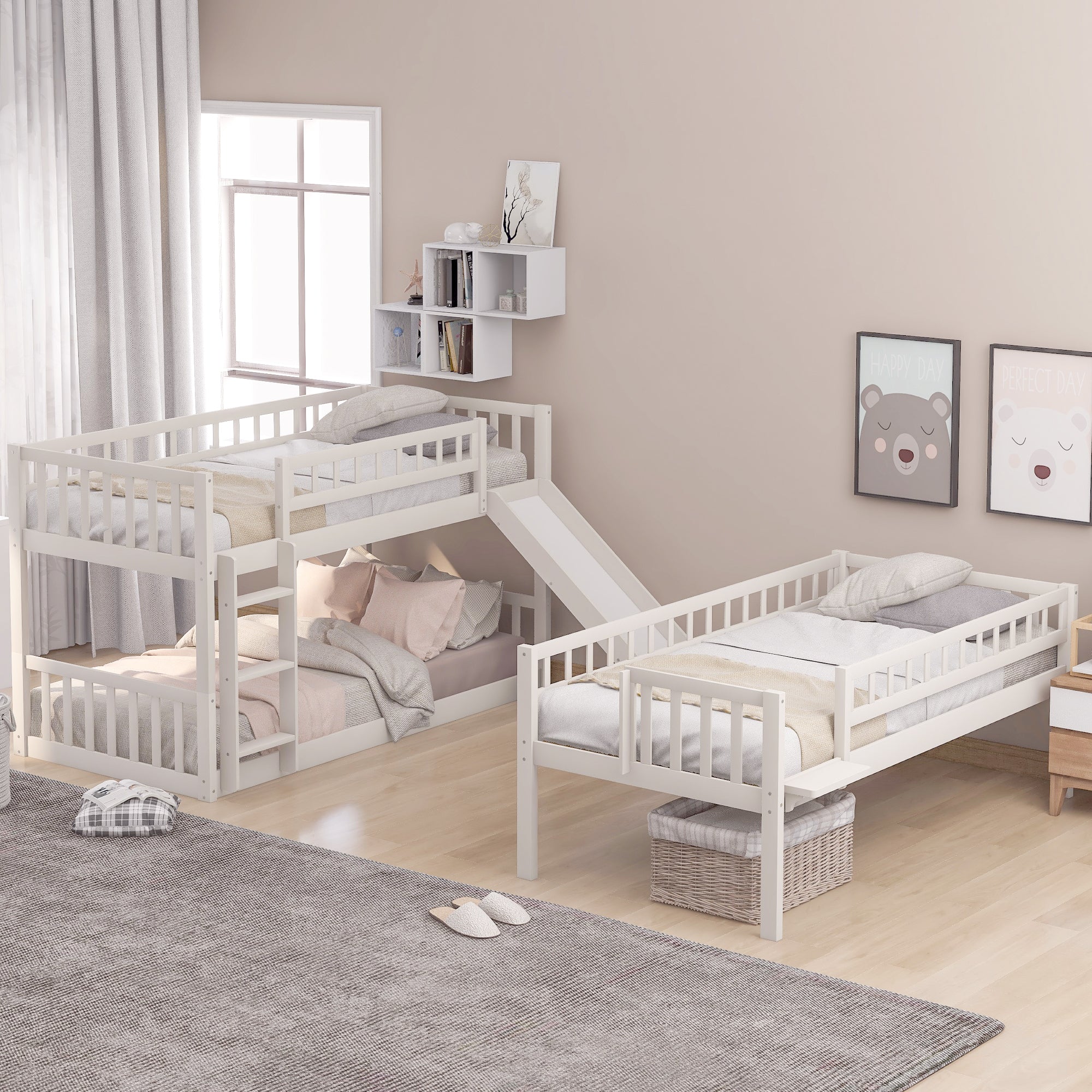 Royard Oaktree Twin-Over-Twin-Over-Twin Triple Bed with Built-in Ladder and Slide, Wood Triple Bunk Bed with Guardrails, Can Be Converted Into 3 Beds