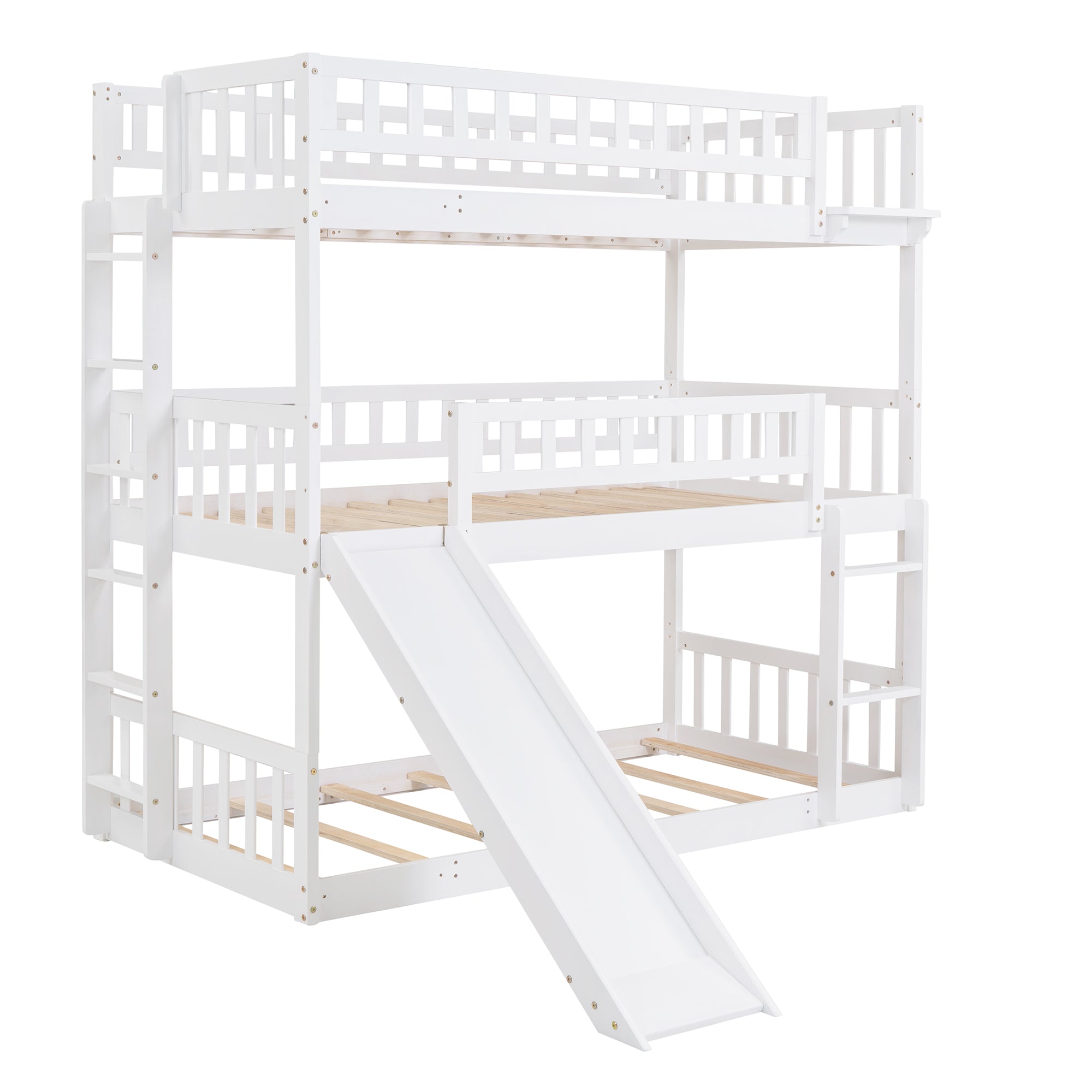 Royard Oaktree Twin-Over-Twin-Over-Twin Triple Bed with Built-in Ladder and Slide, Wood Triple Bunk Bed with Guardrails, Can Be Converted Into 3 Beds