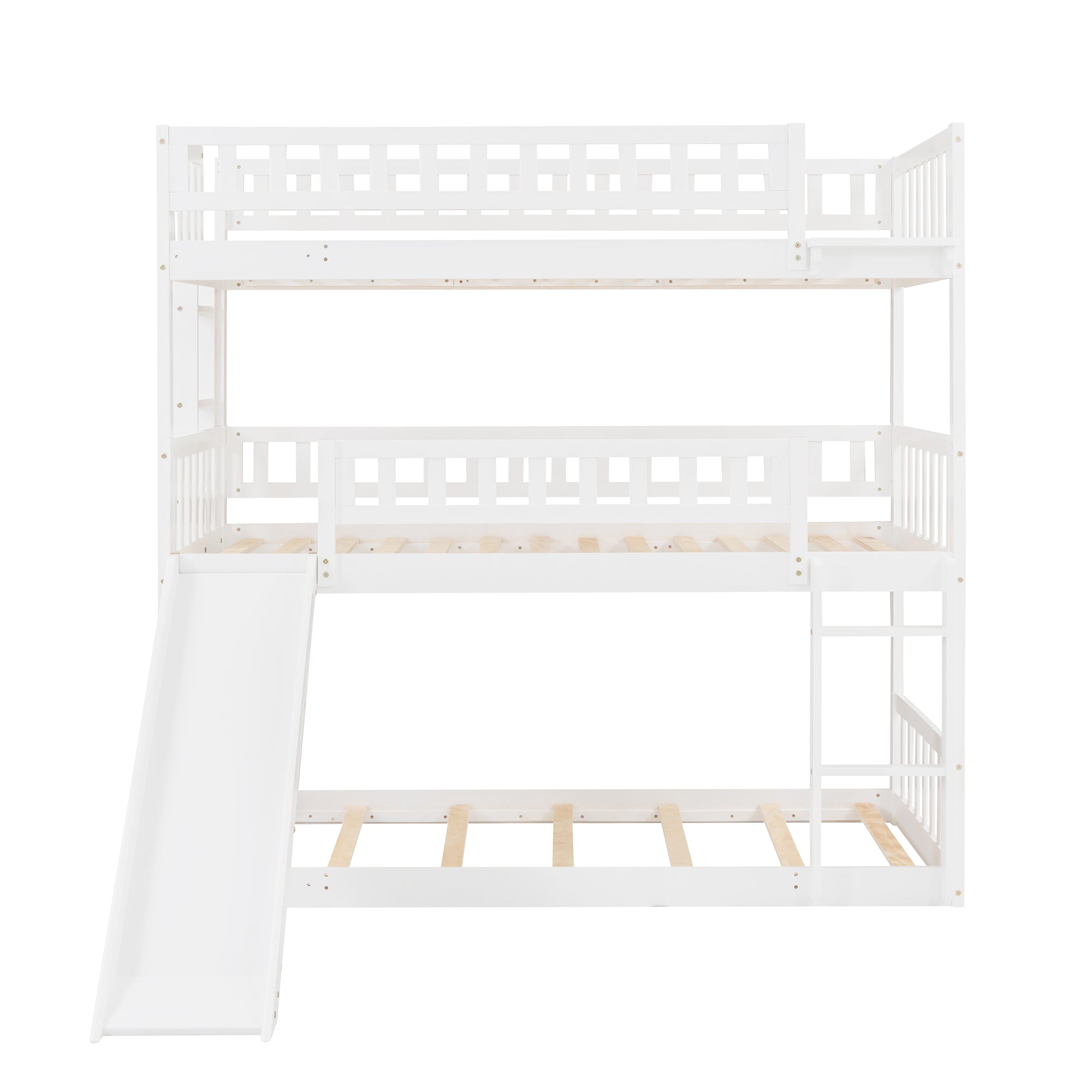 Royard Oaktree Twin-Over-Twin-Over-Twin Triple Bed with Built-in Ladder and Slide, Wood Triple Bunk Bed with Guardrails, Can Be Converted Into 3 Beds