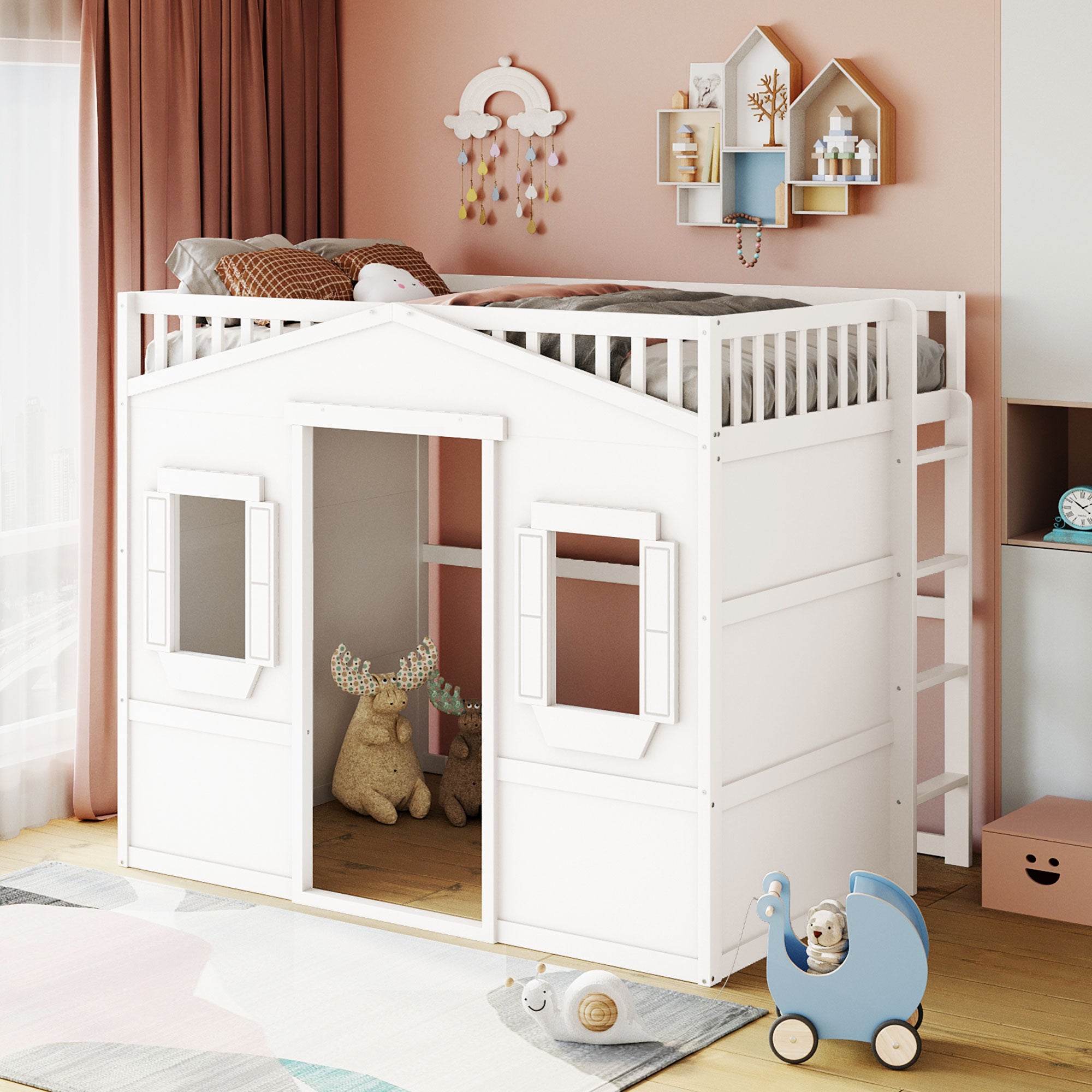 Royard Oaktree House Loft Bed with Under-bed Playhouse, Window, and Wall, Wood Loft Bed Frame with Guardrail and Ladder for Kids Boys Girls Teens