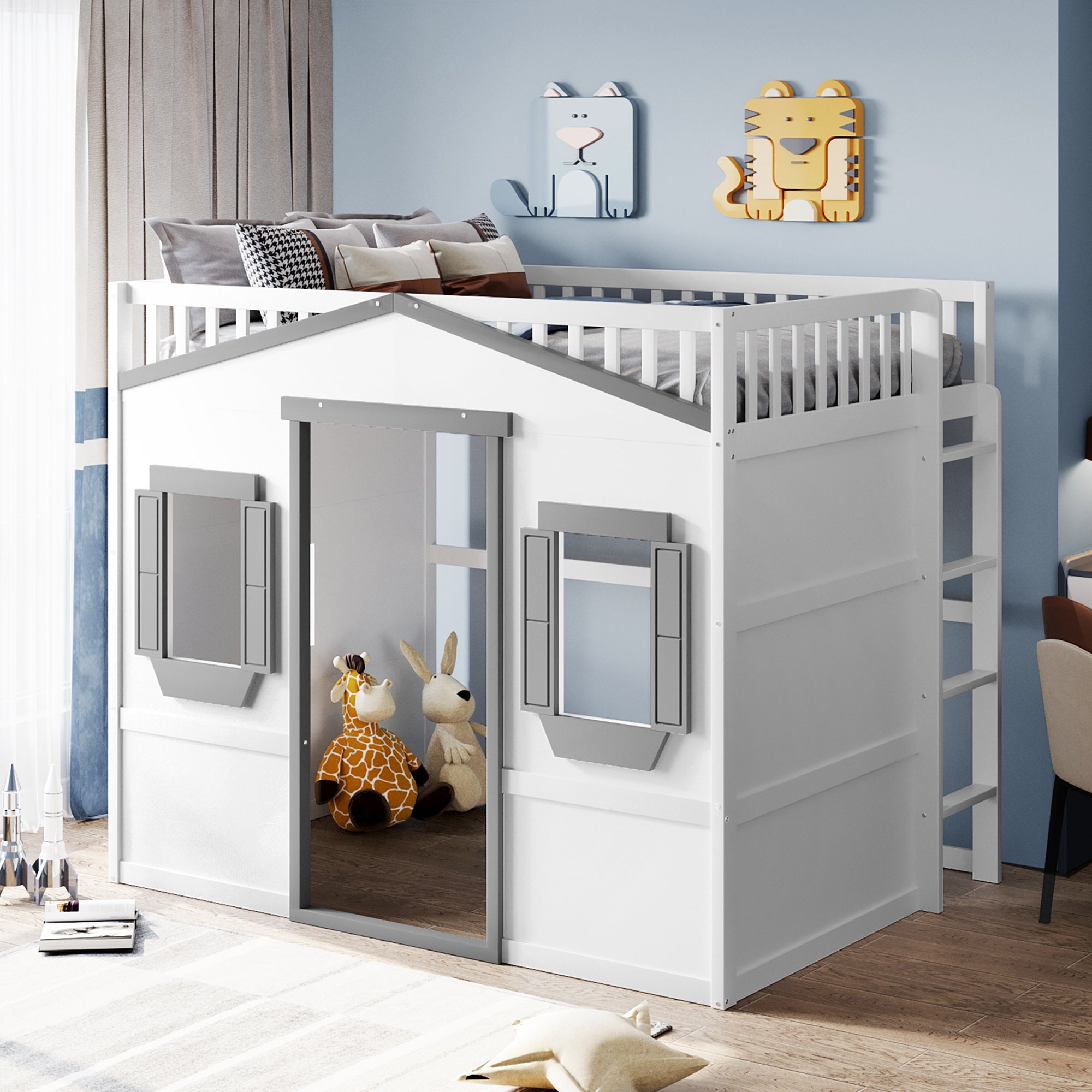 Royard Oaktree House Loft Bed with Under-bed Playhouse, Window, and Wall, Wood Loft Bed Frame with Guardrail and Ladder for Kids Boys Girls Teens