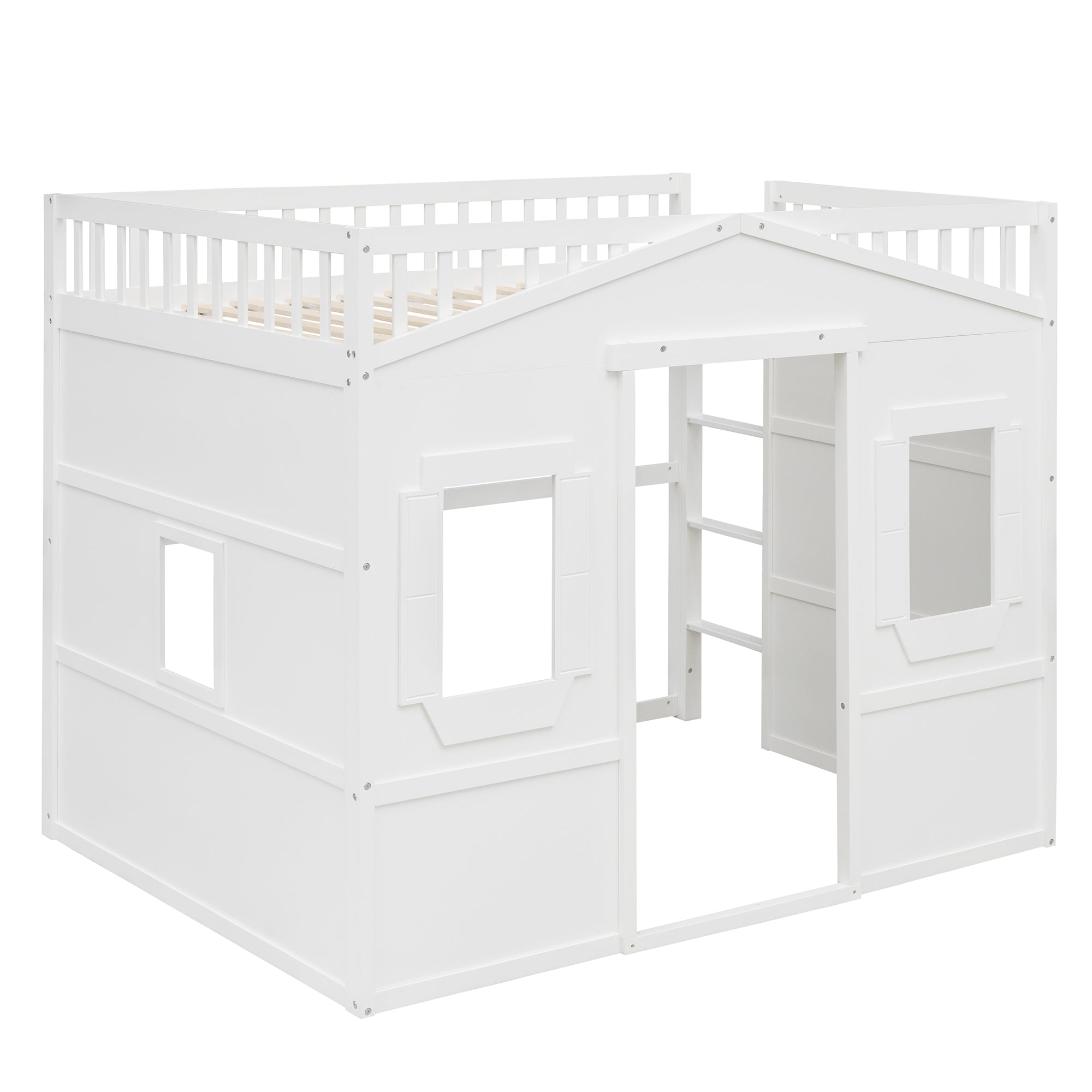 Royard Oaktree House Loft Bed with Under-bed Playhouse, Window, and Wall, Wood Loft Bed Frame with Guardrail and Ladder for Kids Boys Girls Teens